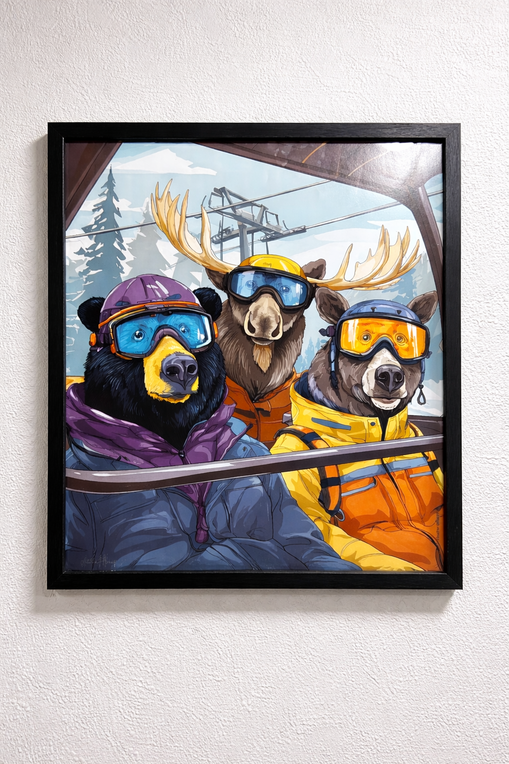 Illustration of three animals in ski gear on a snowy mountain with ski lift cables and trees in the background. A bear, a moose, and a deer are wearing ski helmets and goggles.