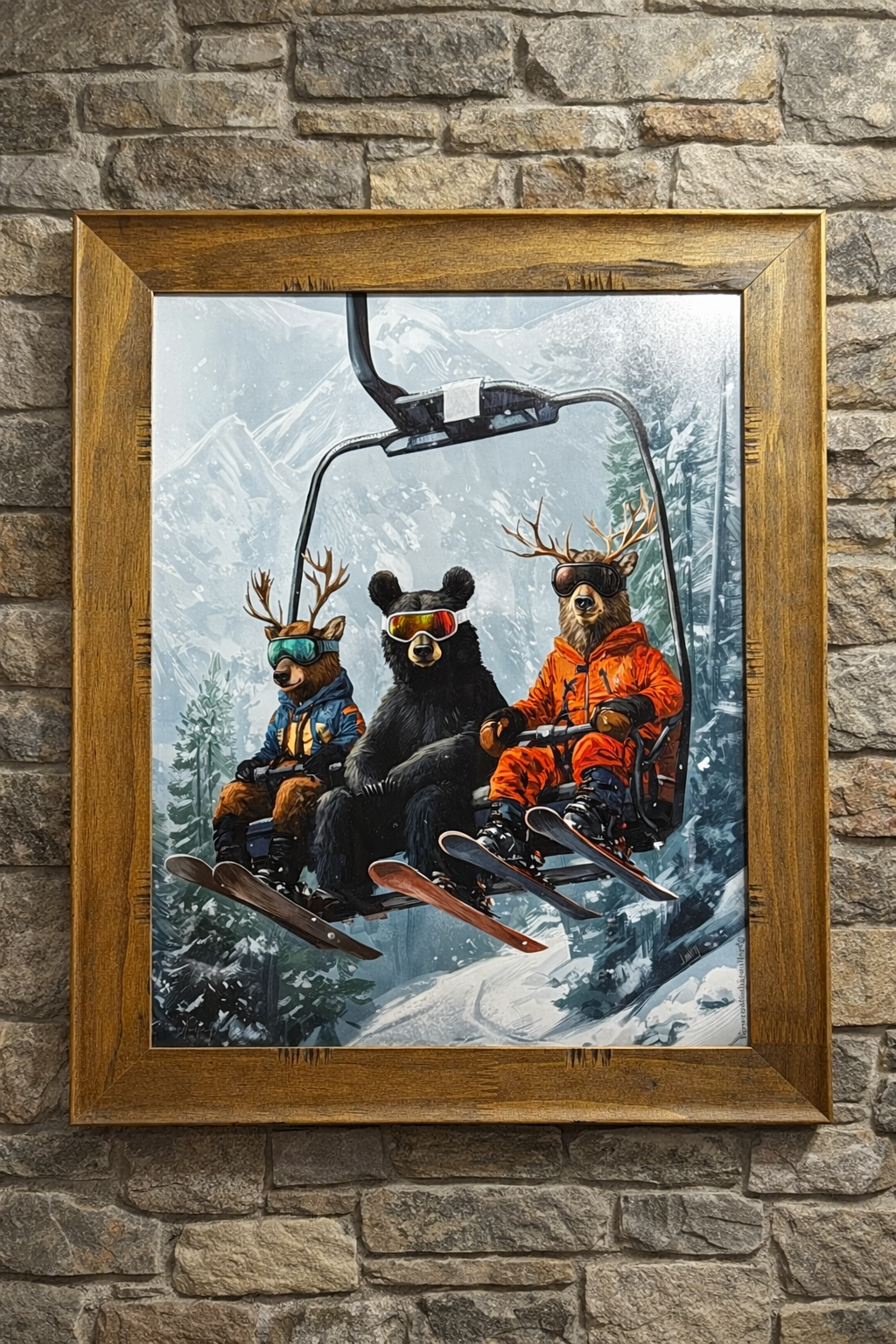 Painting of three bears skiing downhill in snow with a mountain background, dressed in ski gear and sunglasses, riding a ski lift.