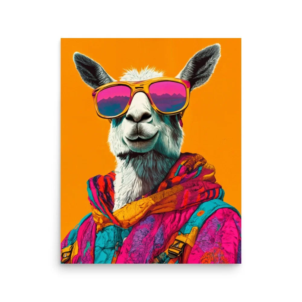 Trendy llama poster with neon hoodie and sunglasses – bold, vibrant, and fun wall art for playful homes, studios, and unique décor.