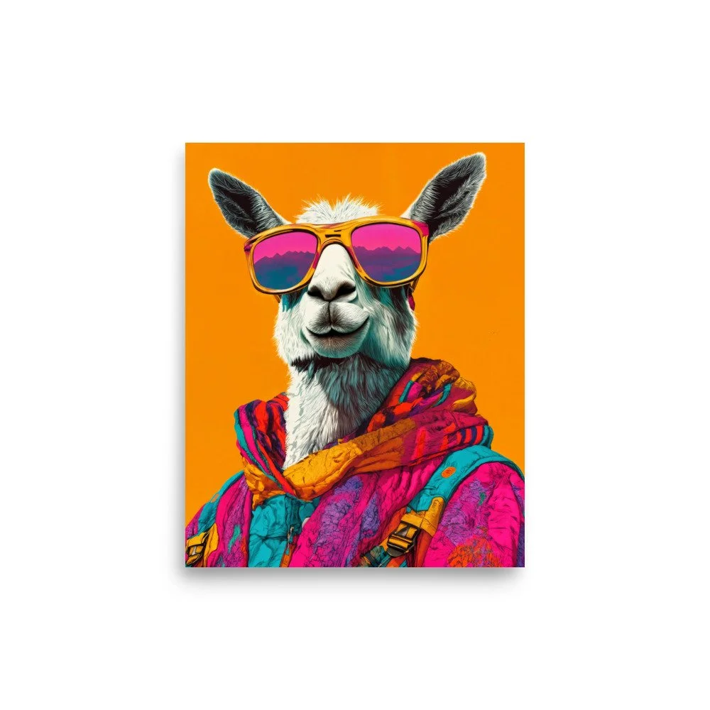 Trendy llama poster with neon hoodie and sunglasses – bold, vibrant, and fun wall art for playful homes, studios, and unique décor.