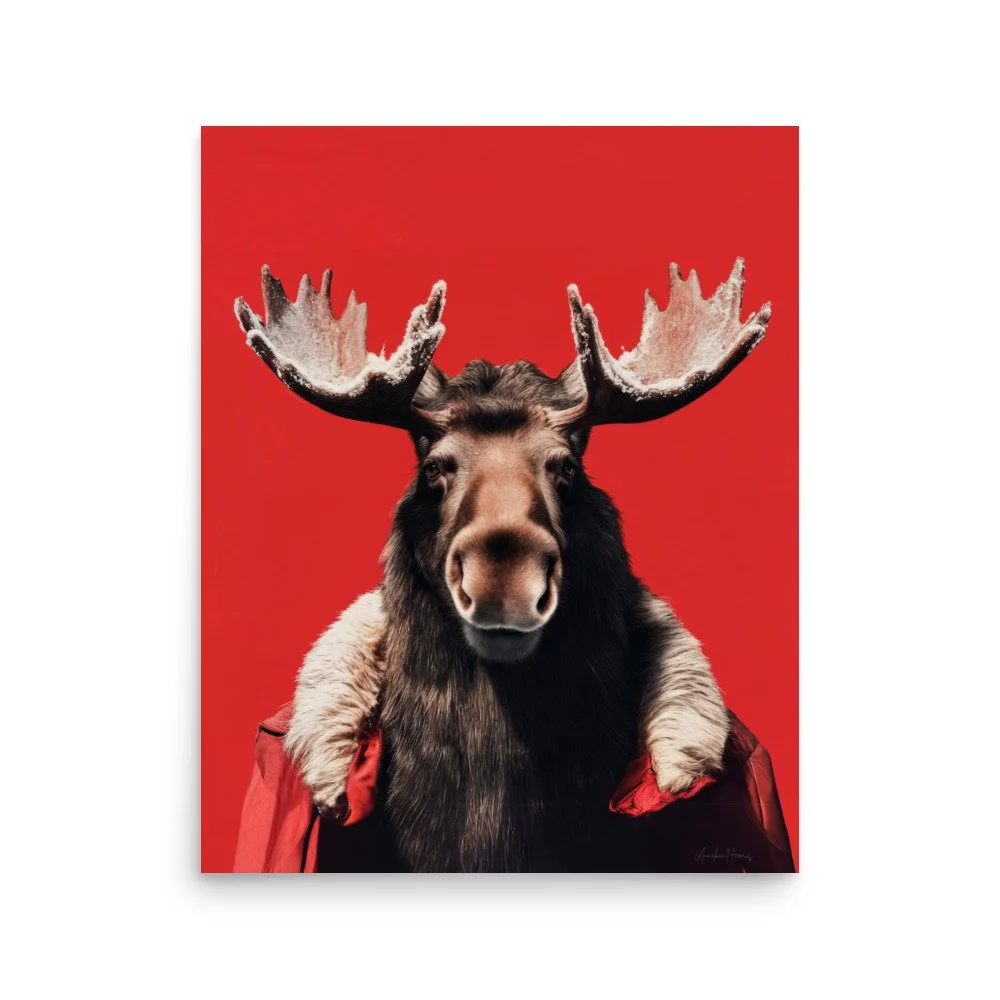 Majestic moose poster with a bold red background – a modern, vibrant wildlife art print perfect for lodges, cabins, and stylish home décor.