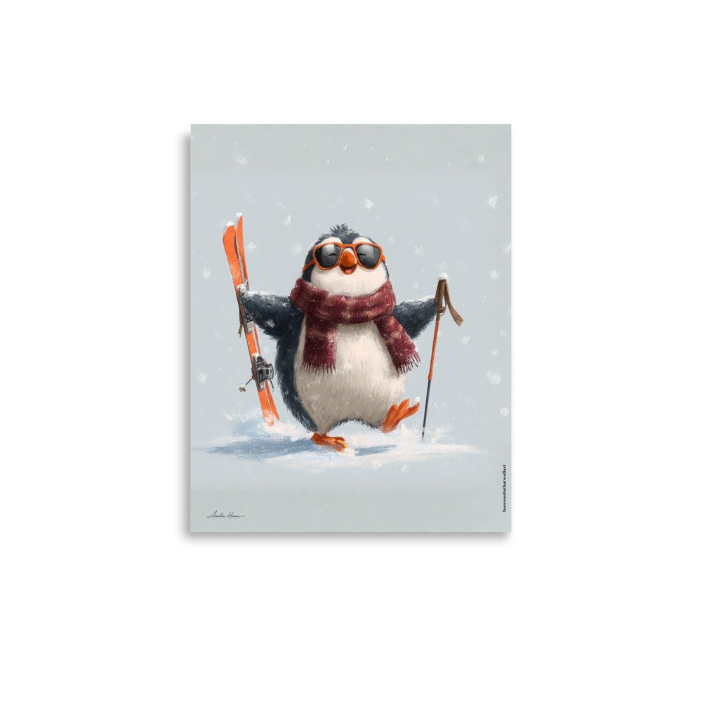 Penguin Ski Adventurer – Whimsical Winter Art Print, Cozy Cabin Decor, Alpine Ski Poster