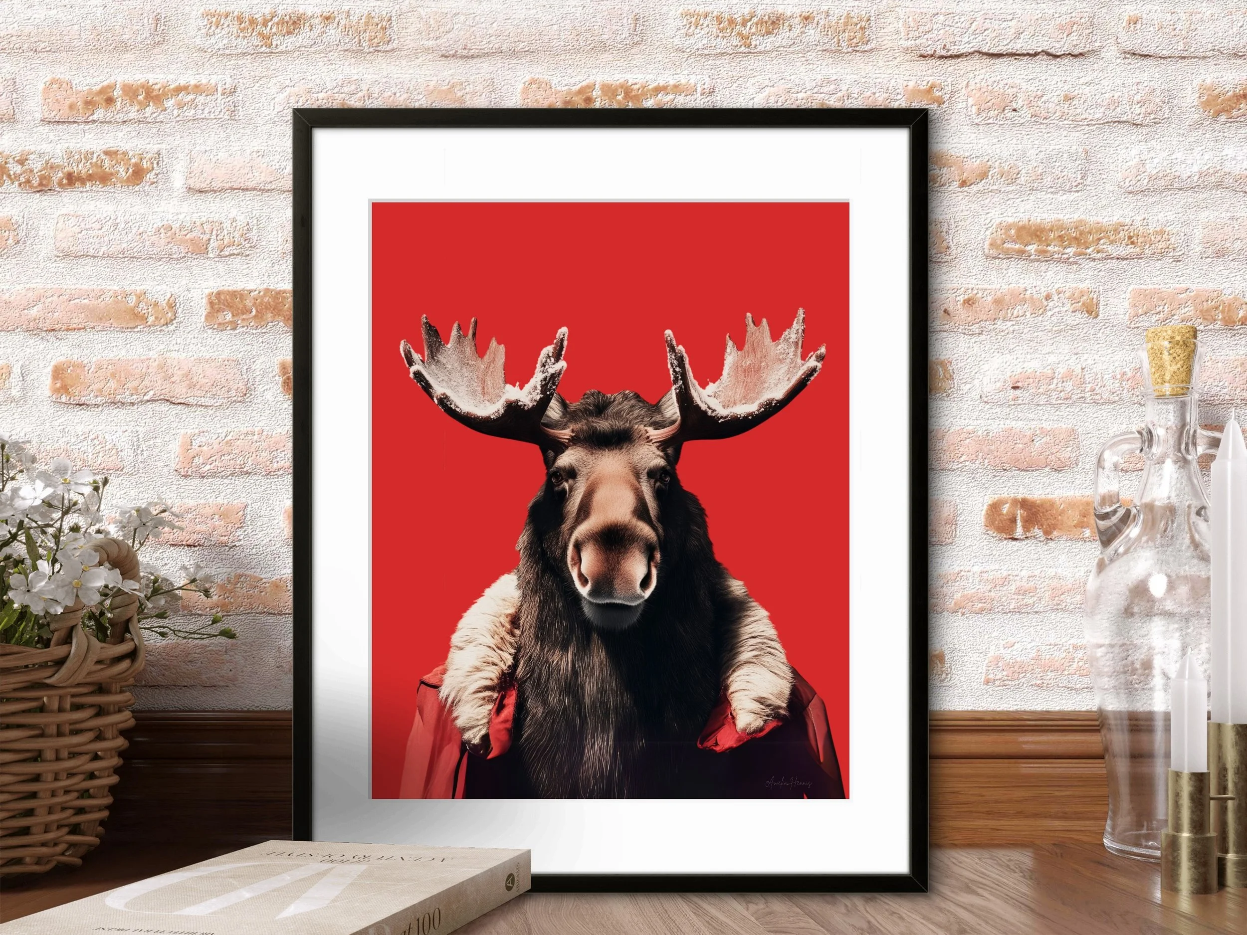 Majestic moose poster with a bold red background – a modern, vibrant wildlife art print perfect for lodges, cabins, and stylish home décor.