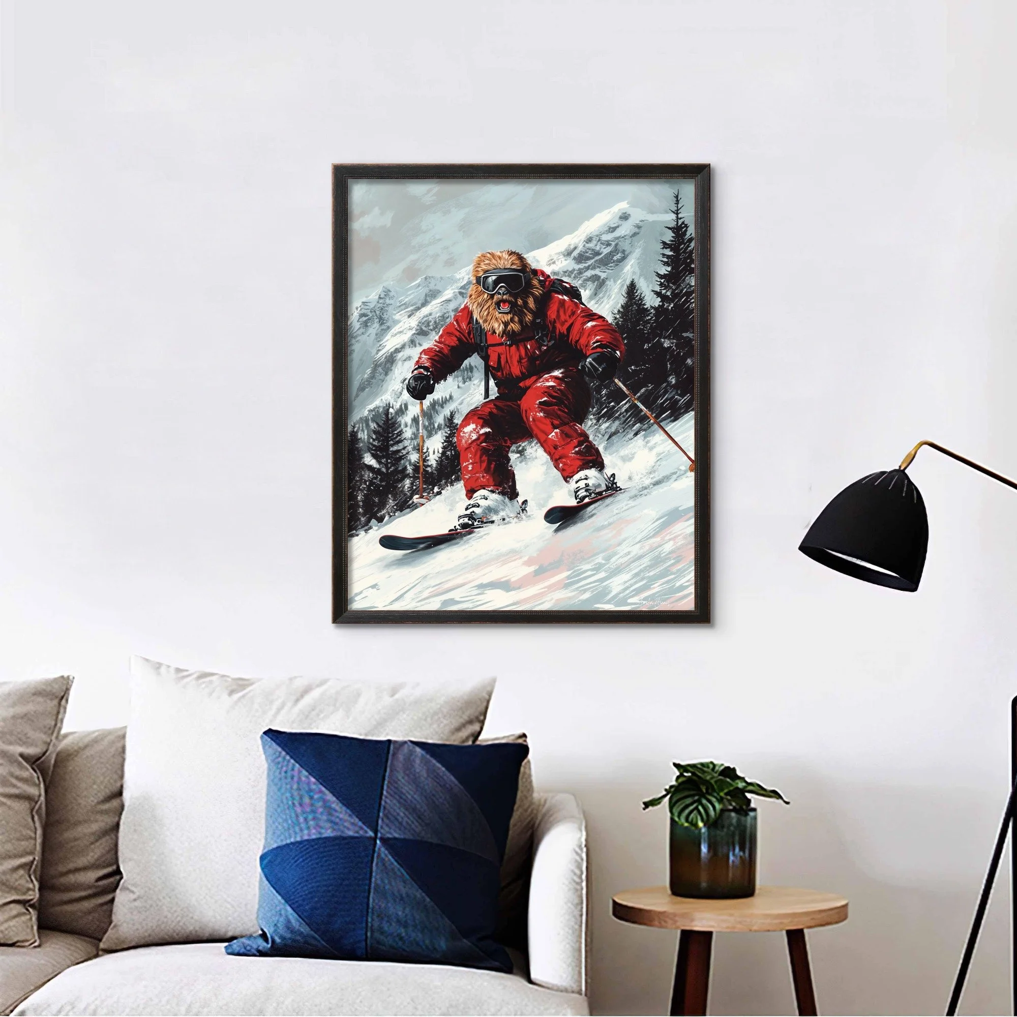 Fun skiing Sasquatch poster with red suit on snowy mountain slopes — perfect for ski lovers, cabins, and adventurous wall décor.