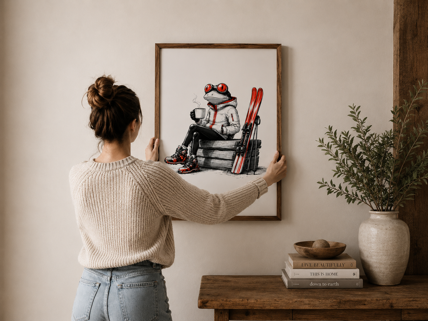 Frost the Frog Skier – Aspen Winter Lodge Art Print, Cozy Cabin Decor, Whimsical Ski Poster