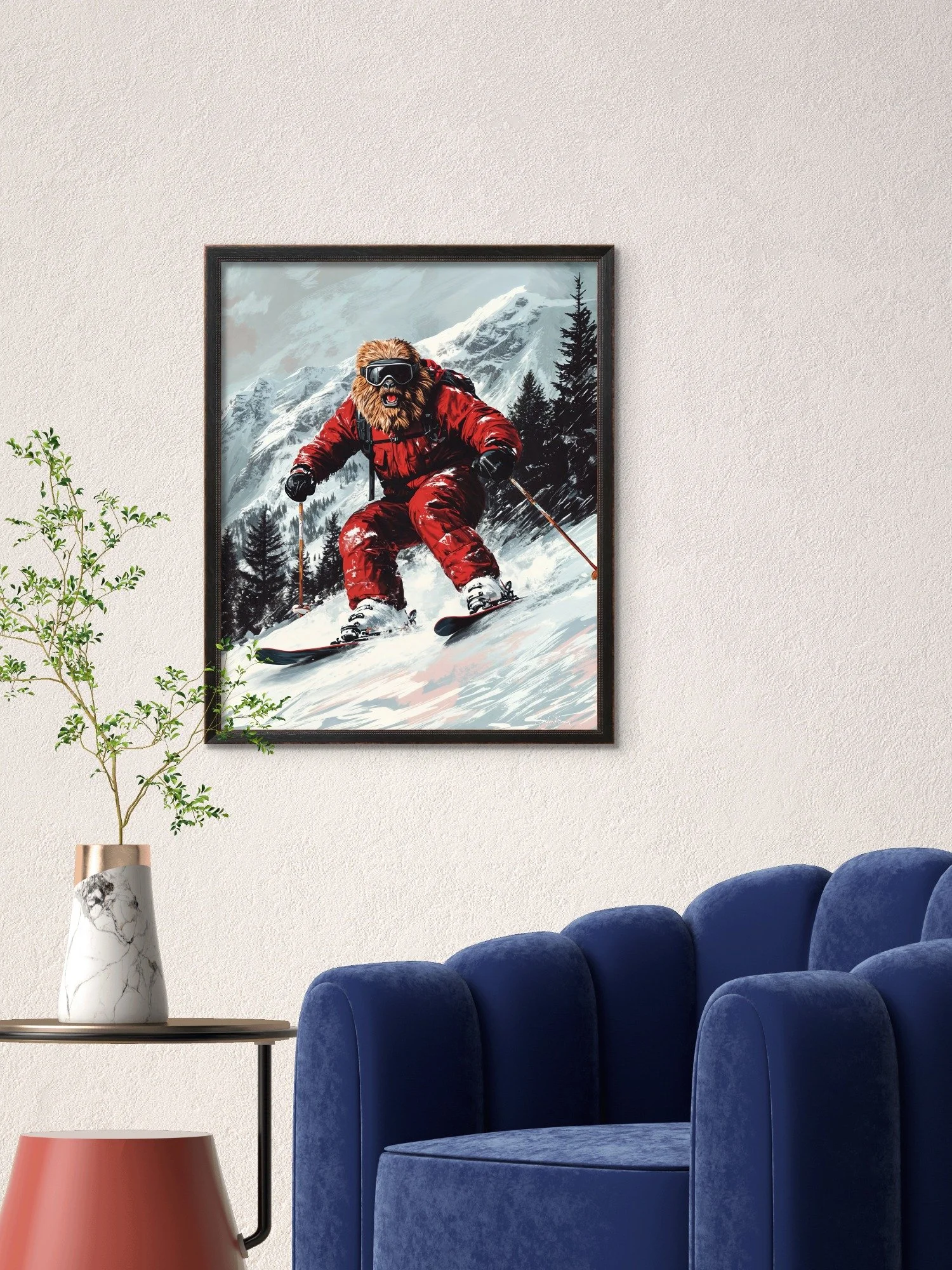 Fun skiing Sasquatch poster with red suit on snowy mountain slopes — perfect for ski lovers, cabins, and adventurous wall décor.