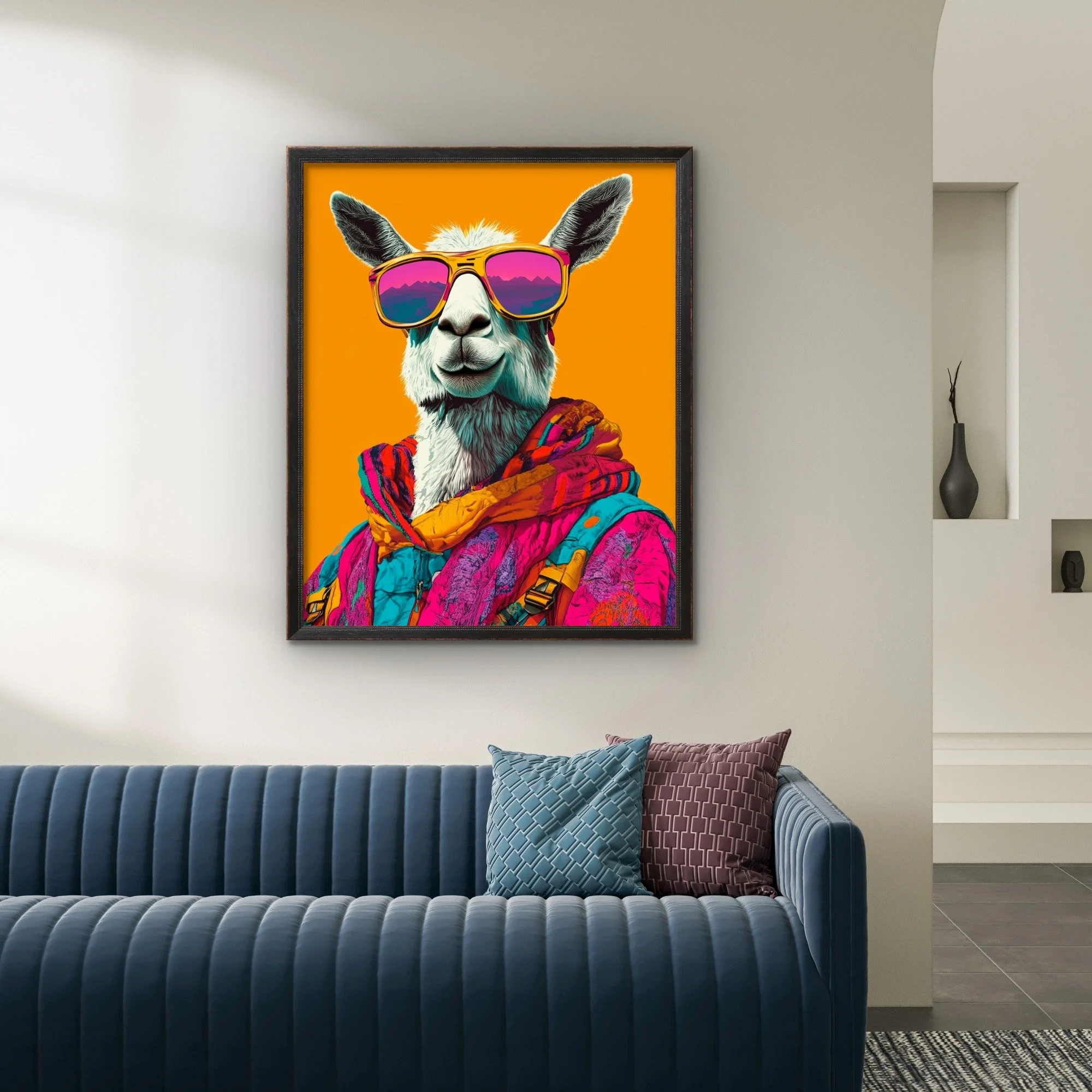Trendy llama poster with neon hoodie and sunglasses – bold, vibrant, and fun wall art for playful homes, studios, and unique décor.