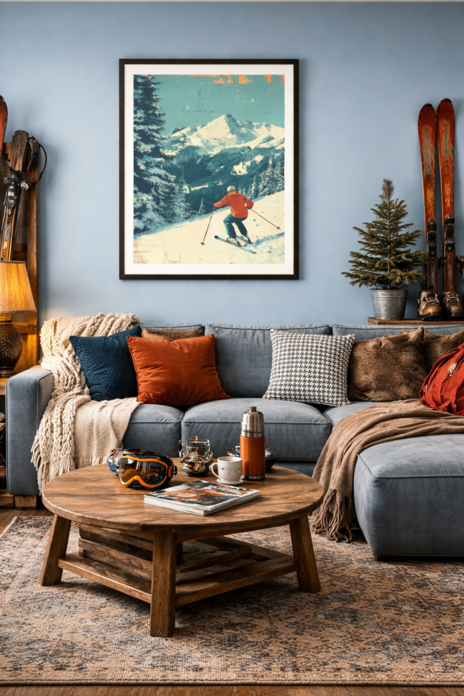 Living room with a light blue sofa, decorated with assorted pillows and blankets. A wooden coffee table in front holds ski goggles, a magazine, a cup, and a thermos. On the wall behind, there is a large framed picture of a person skiing in the mountains, with skis and a small potted pine tree on the side.