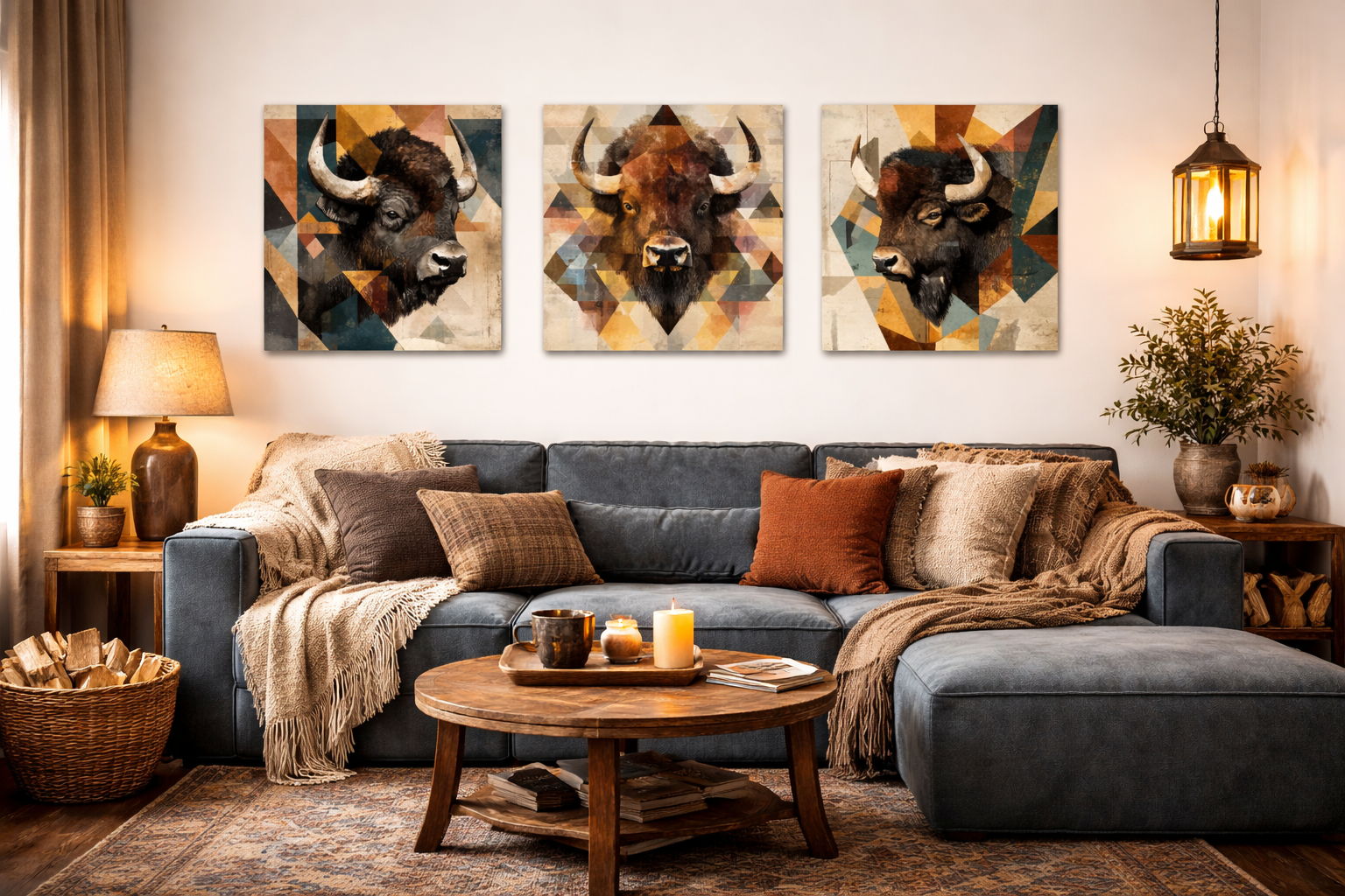Living room with a dark gray sectional sofa adorned with various brown and beige pillows, blanket, and a wooden coffee table with candles and books. Behind the sofa, three paintings of buffalo heads in geometric style hang on the wall. To the left, a side table with a lamp and potted plant. To the right, a potted plant on a side table and a hanging lantern light fixture.