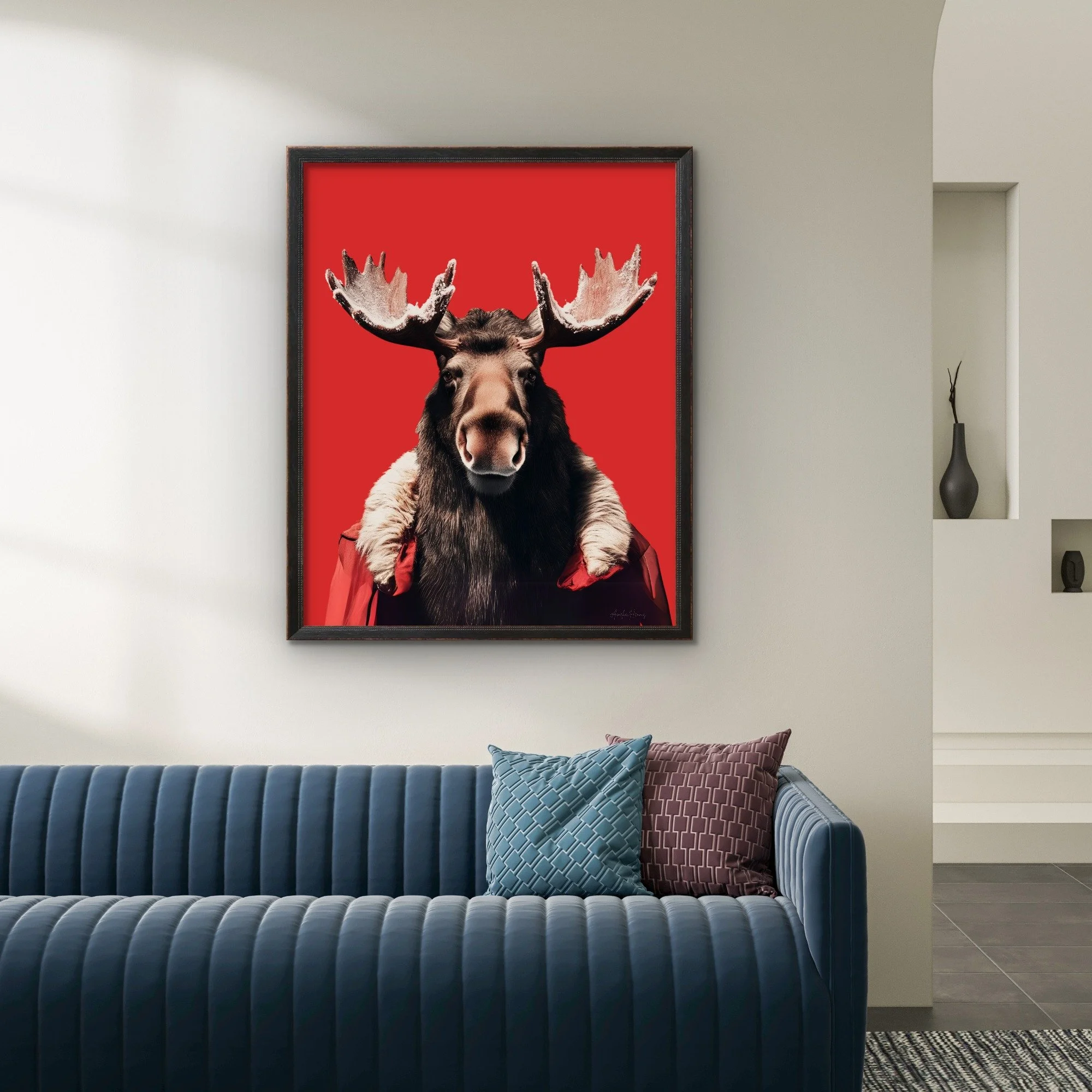 Majestic moose poster with a bold red background – a modern, vibrant wildlife art print perfect for lodges, cabins, and stylish home décor.