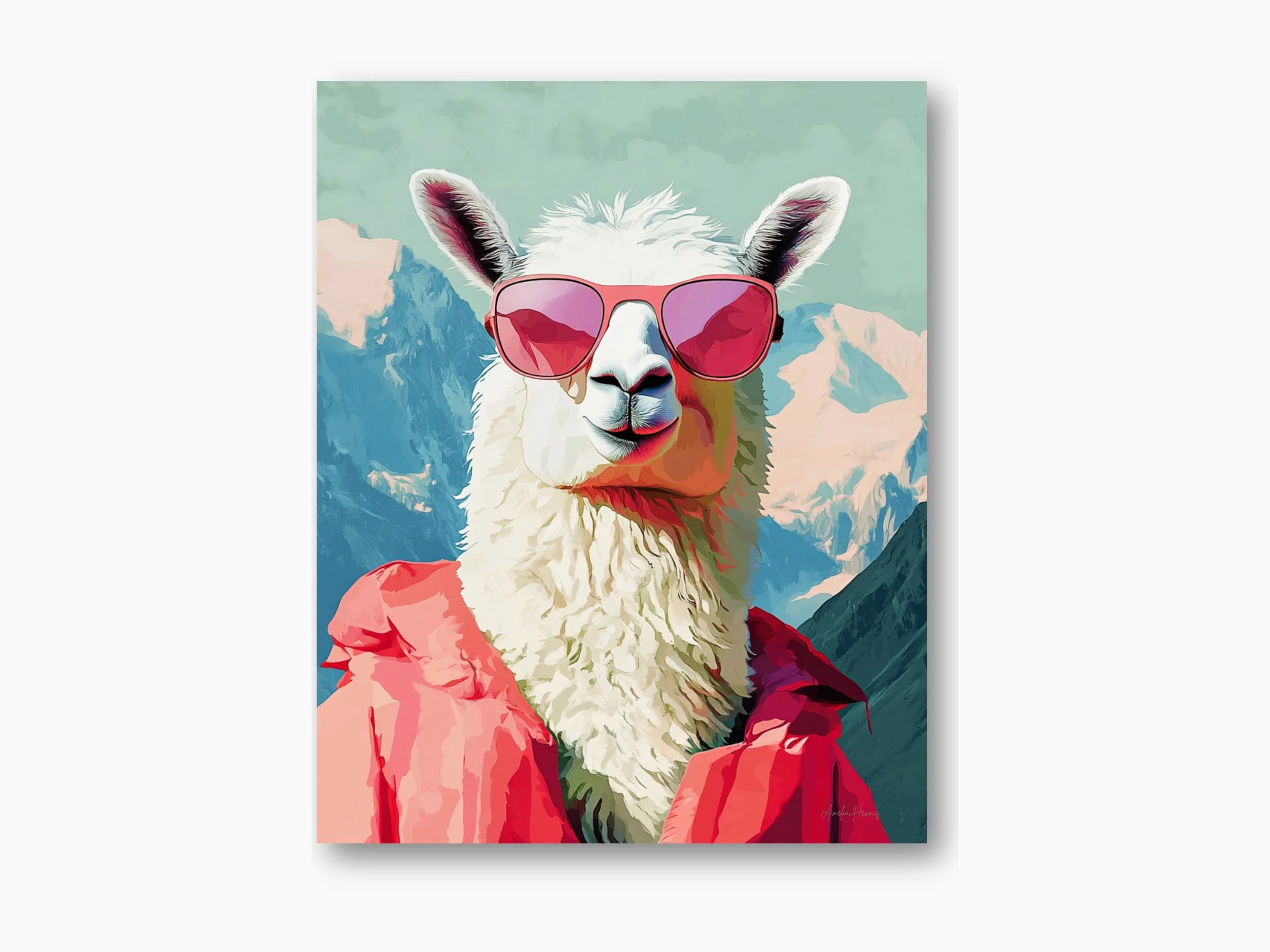 Funny and stylish llama poster with pink sunglasses – perfect for modern home decor, office vibes, and unique gifts.