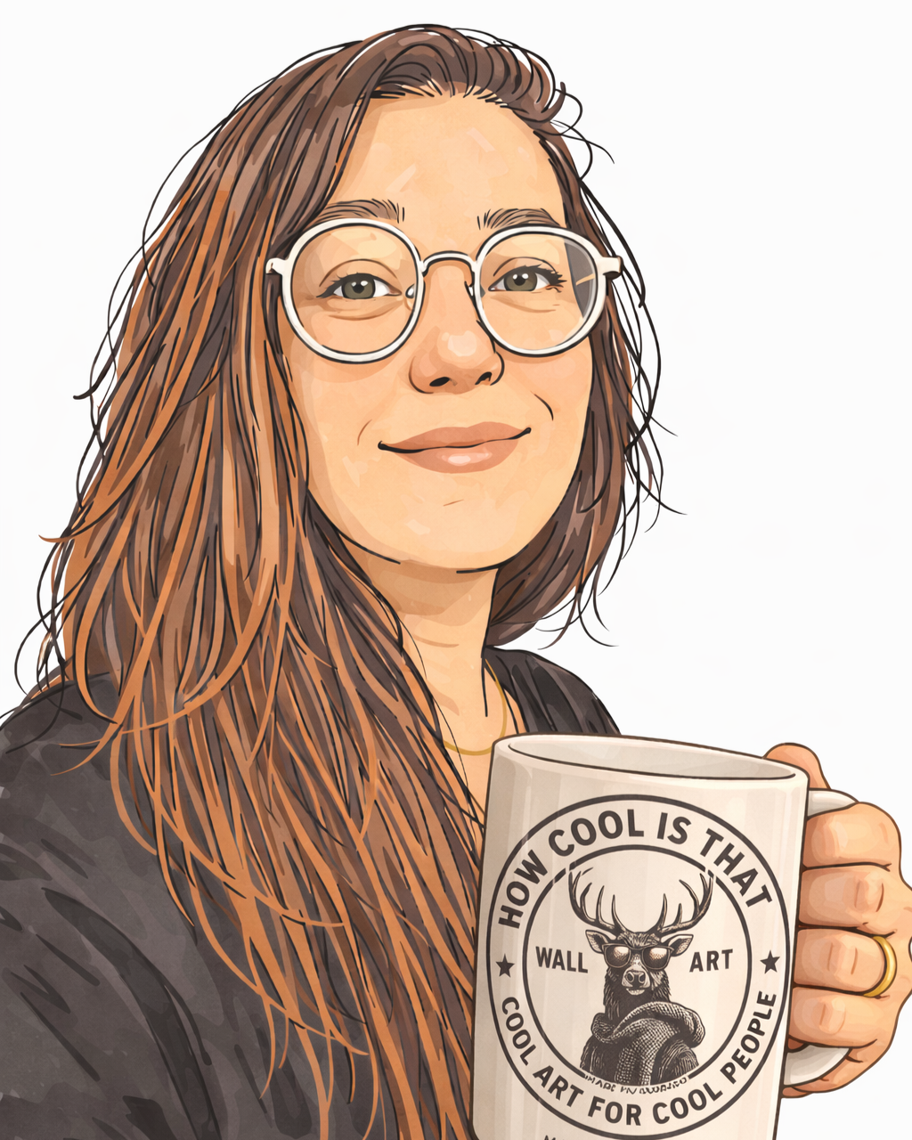 Illustration of a woman with long, wavy hair and glasses holding a white mug with a design of a deer wearing sunglasses and the text "How Cool Is That Wall Art?"
