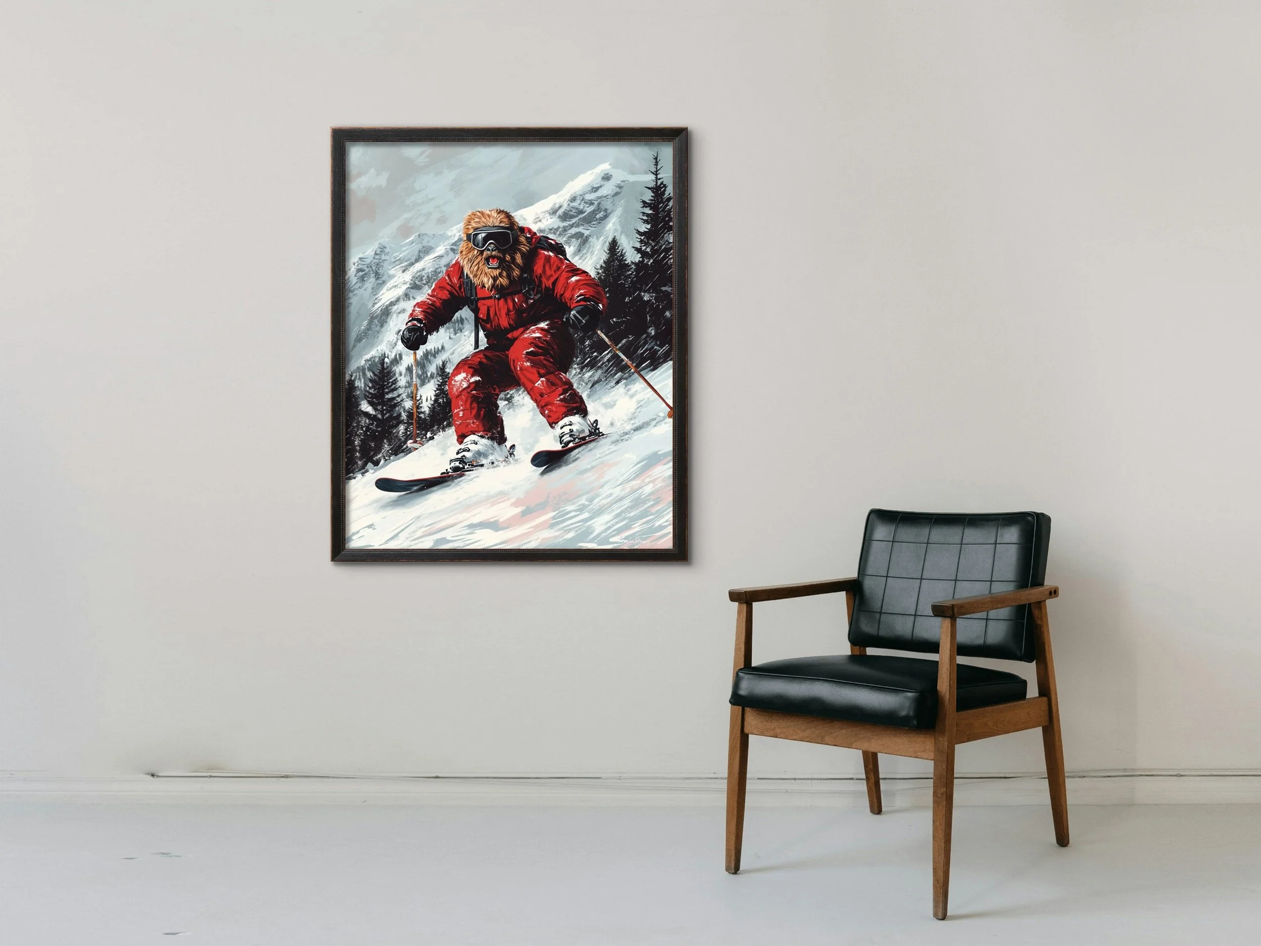 Fun skiing Sasquatch poster with red suit on snowy mountain slopes — perfect for ski lovers, cabins, and adventurous wall décor.