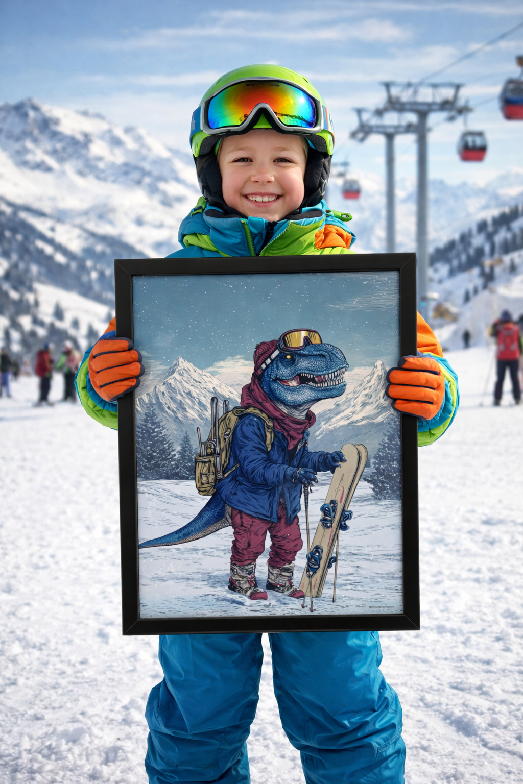 A young boy in winter gear holding a framed illustration of a dinosaur with mountains in the background at a snowy ski resort.
