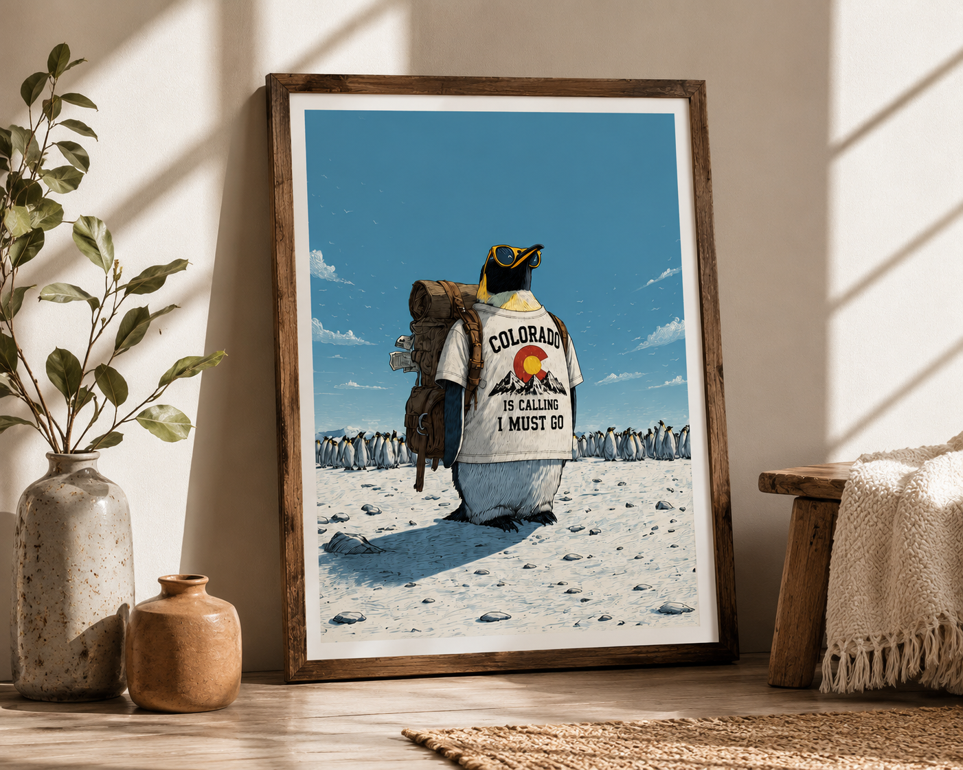 Penguin Explorer – Adventure Art Print, Whimsical Travel Decor, Mountain Wildlife Poster