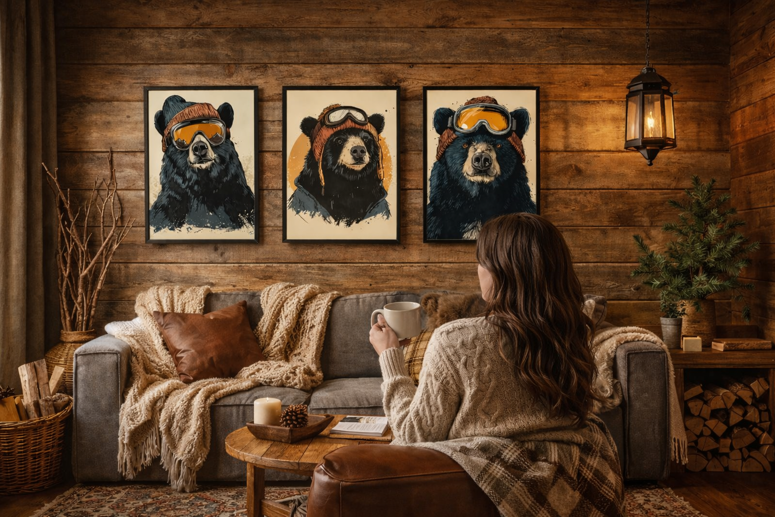 A woman sitting on a cozy sofa holding a cup, looking at three bear portraits with ski goggles on a wooden wall.
