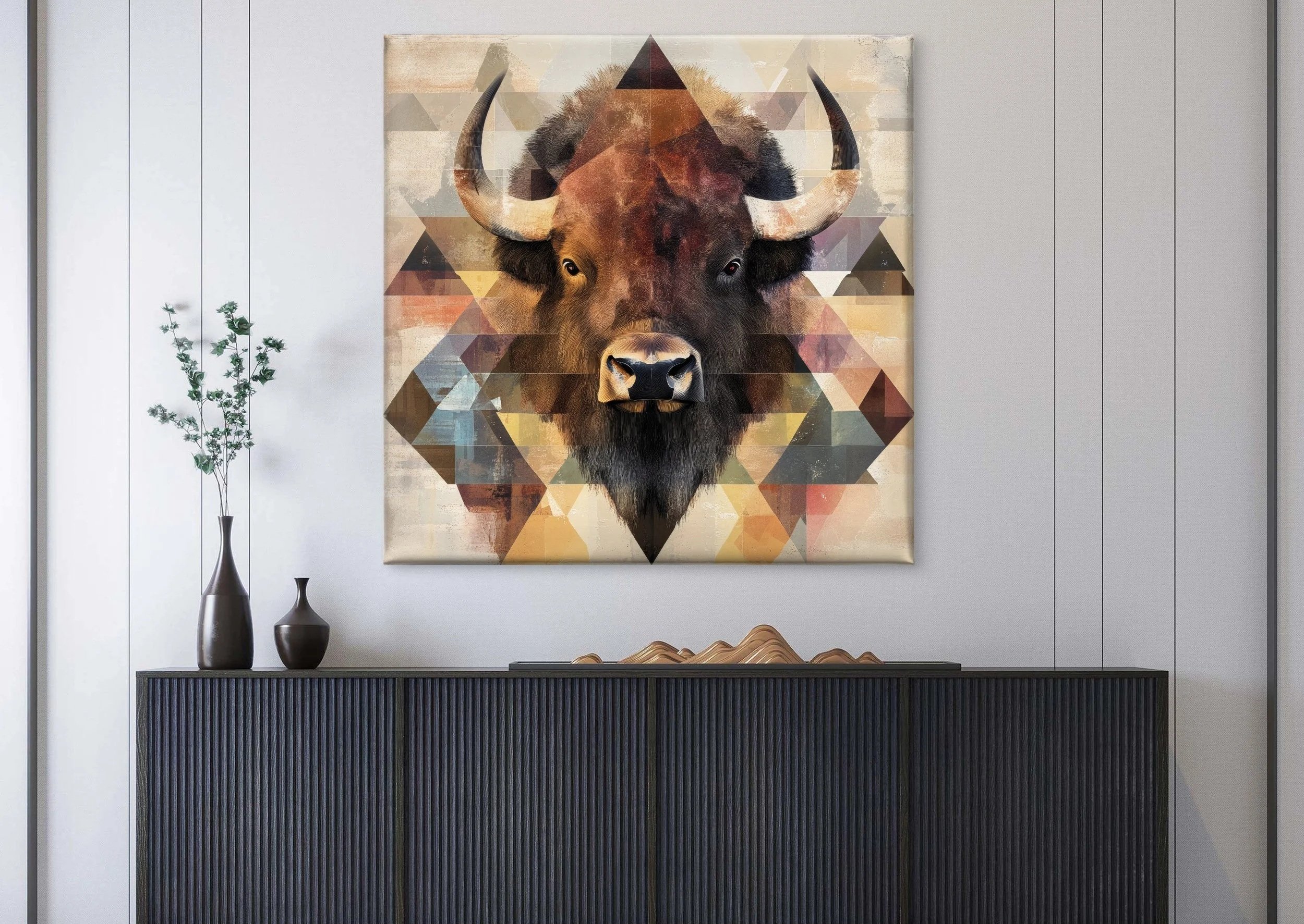 A modern interior with a geometric art piece of a bison's face, featuring a mix of warm colors and triangular shapes, hung above a black cabinet with decorative vases, next to a minimalist tall plant.