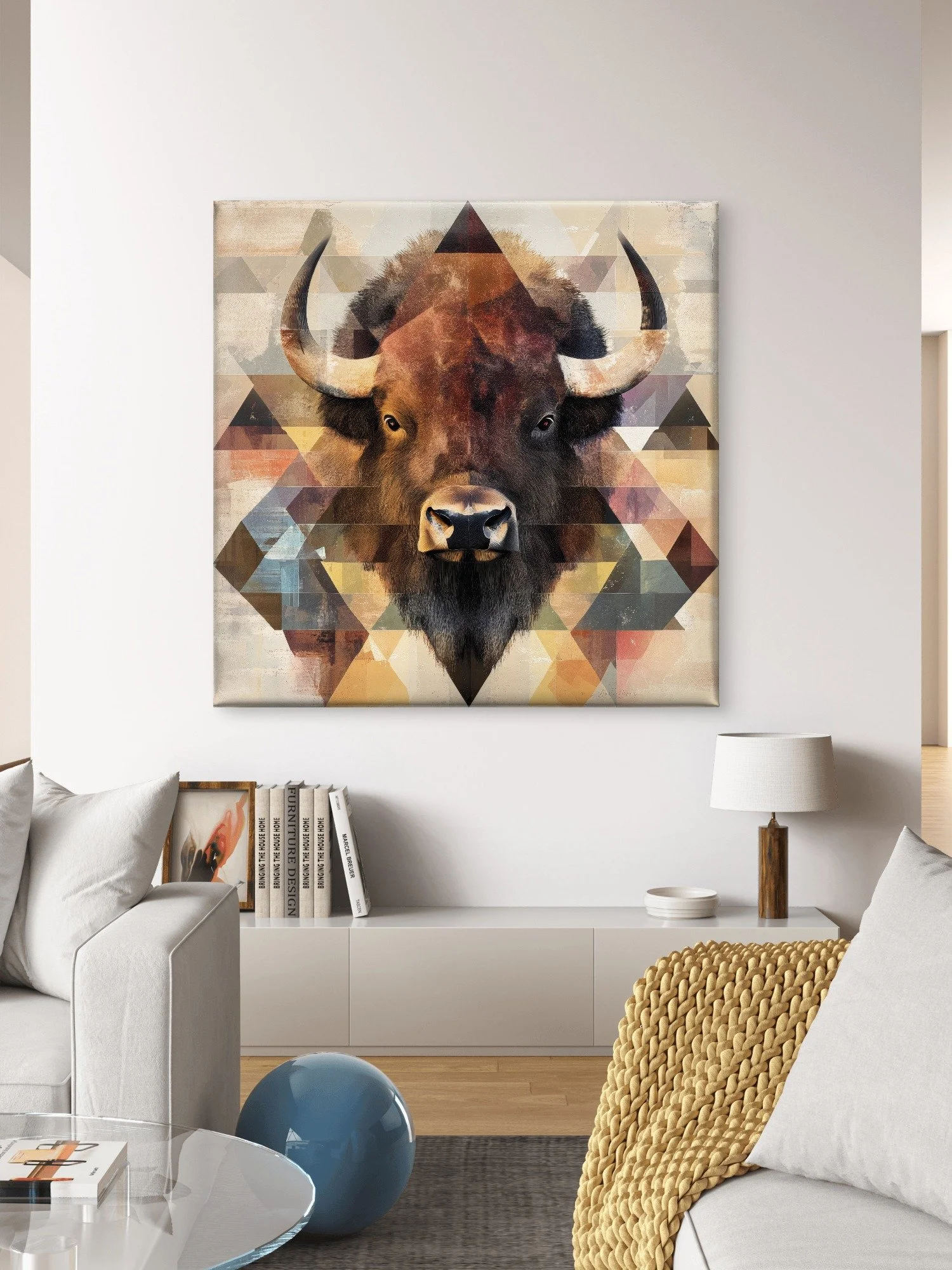 Living room with a large geometric buffalo artwork on the wall, white couch with a pillow, white sideboard with books, a modern table lamp, and blue and gold accent decor.