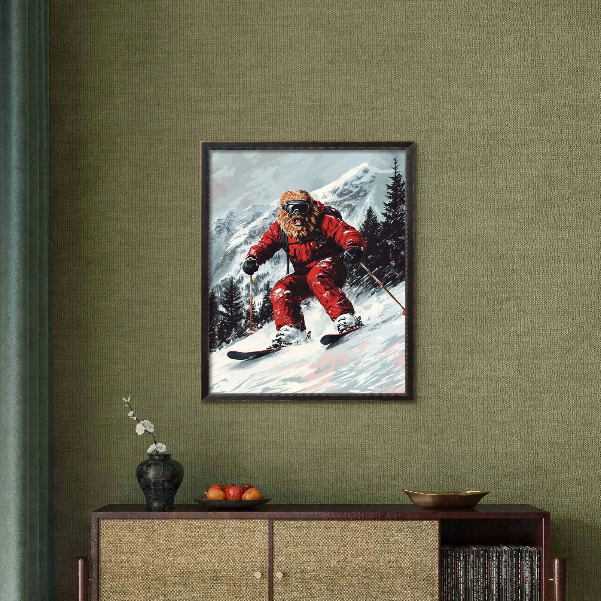 Fun skiing Sasquatch poster with red suit on snowy mountain slopes — perfect for ski lovers, cabins, and adventurous wall décor.