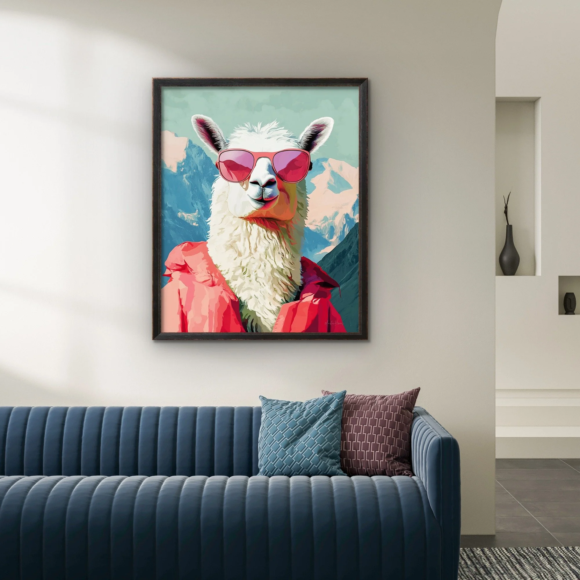 Funny and stylish llama poster with pink sunglasses – perfect for modern home decor, office vibes, and unique gifts.