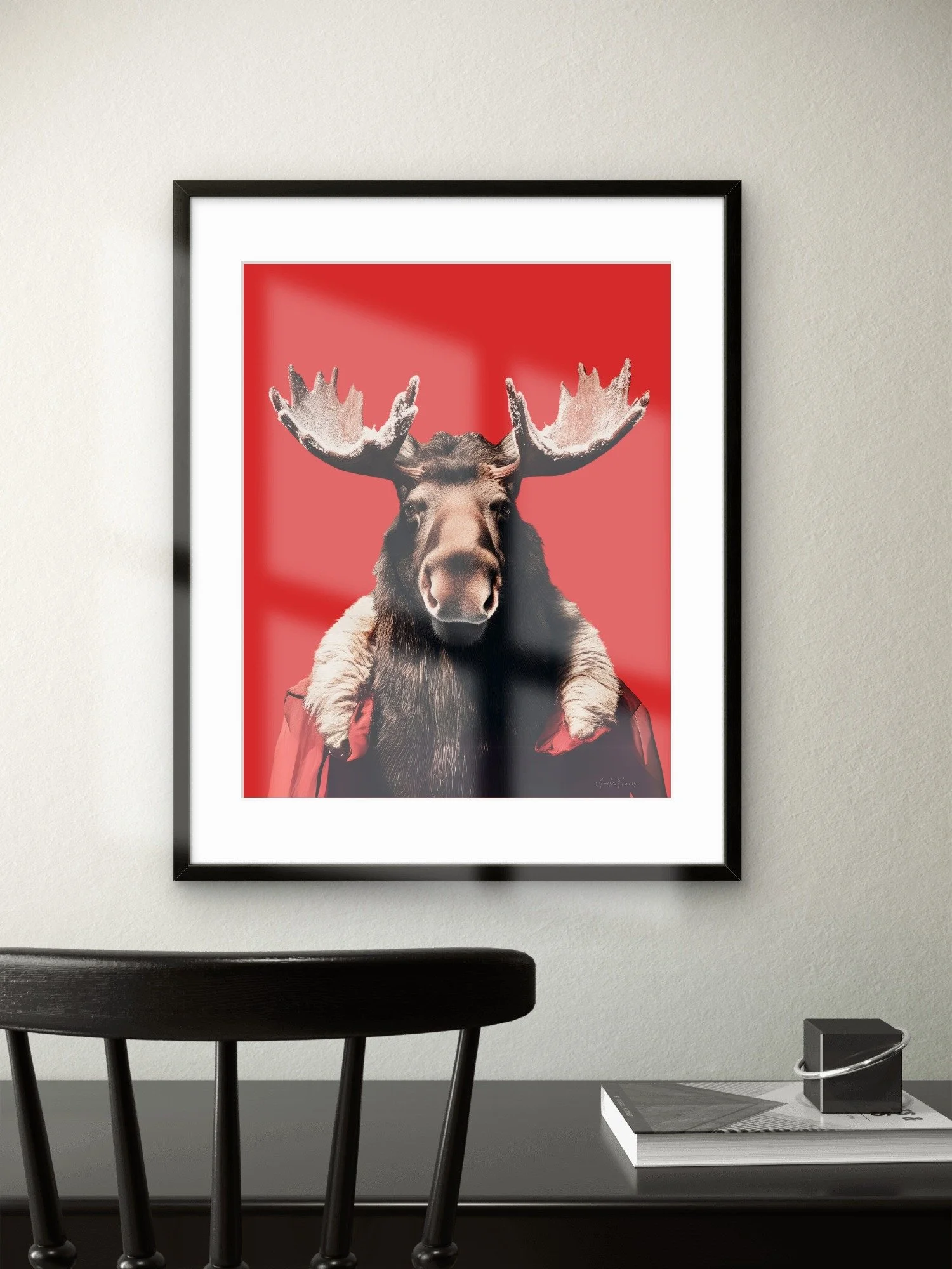 Majestic moose poster with a bold red background – a modern, vibrant wildlife art print perfect for lodges, cabins, and stylish home décor.