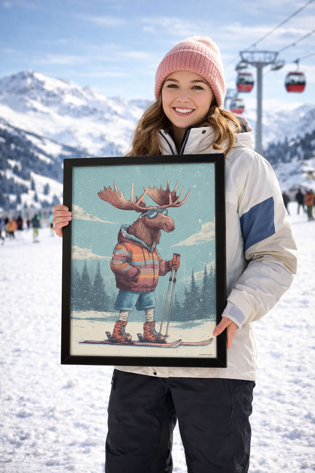 A young woman with a pink knit hat and winter jacket smiling outdoors in a snowy mountain landscape, holding a framed cartoon illustration of a moose in sunglasses, a striped jacket, shorts, ski boots, and skis.