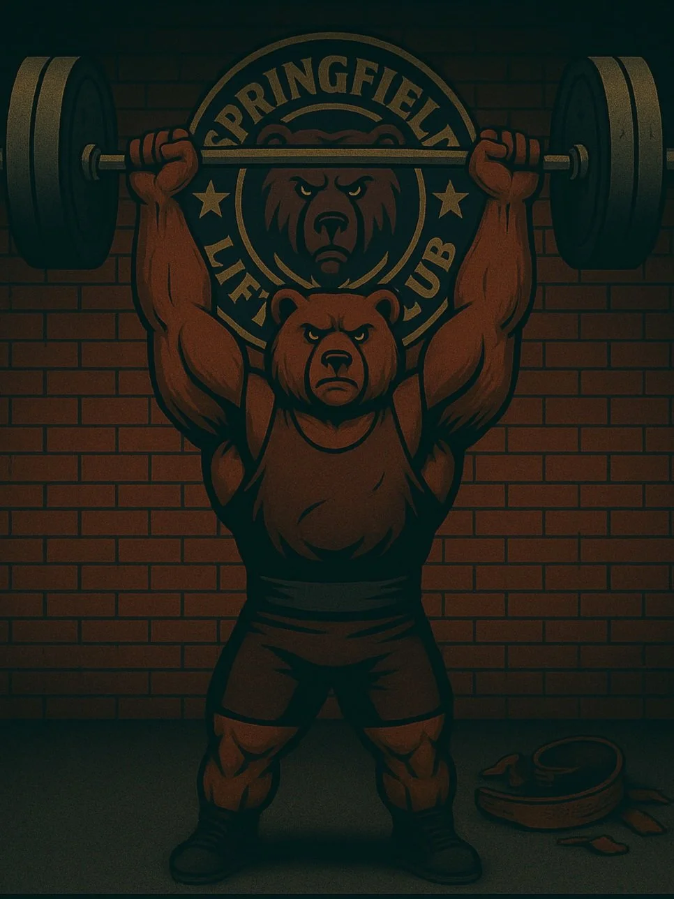 A muscular bear lifting a barbell in front of a brick wall, with a logo featuring the text 'Springfield Lift Club' and a bear face in the background.