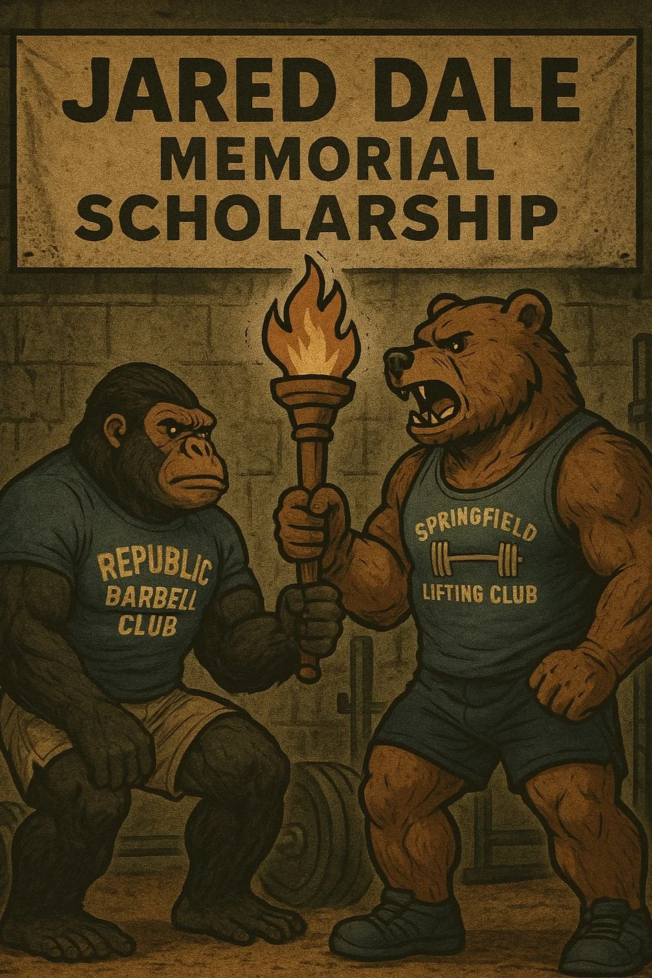 Cartoon illustration of a gorilla and a bear in a gym, both wearing tank tops, with a sign above them that reads 'Jared Dale Memorial Scholarship.' The gorilla, on the left, is kneeling and wearing a shirt labeled 'Republi Barbell Club,' while the bear, on the right, is standing and wearing a shirt labeled 'Springfield Lifting Club.' The bear is holding a torch with a flame.