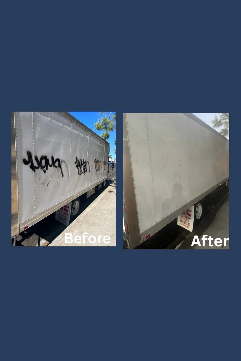 Side-by-side comparison of a truck trailer: left image shows it with graffiti tags, right image shows it clean after graffiti removal.