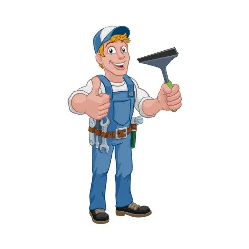 Cartoon handyman in blue overalls holding a screw and giving a thumbs up.