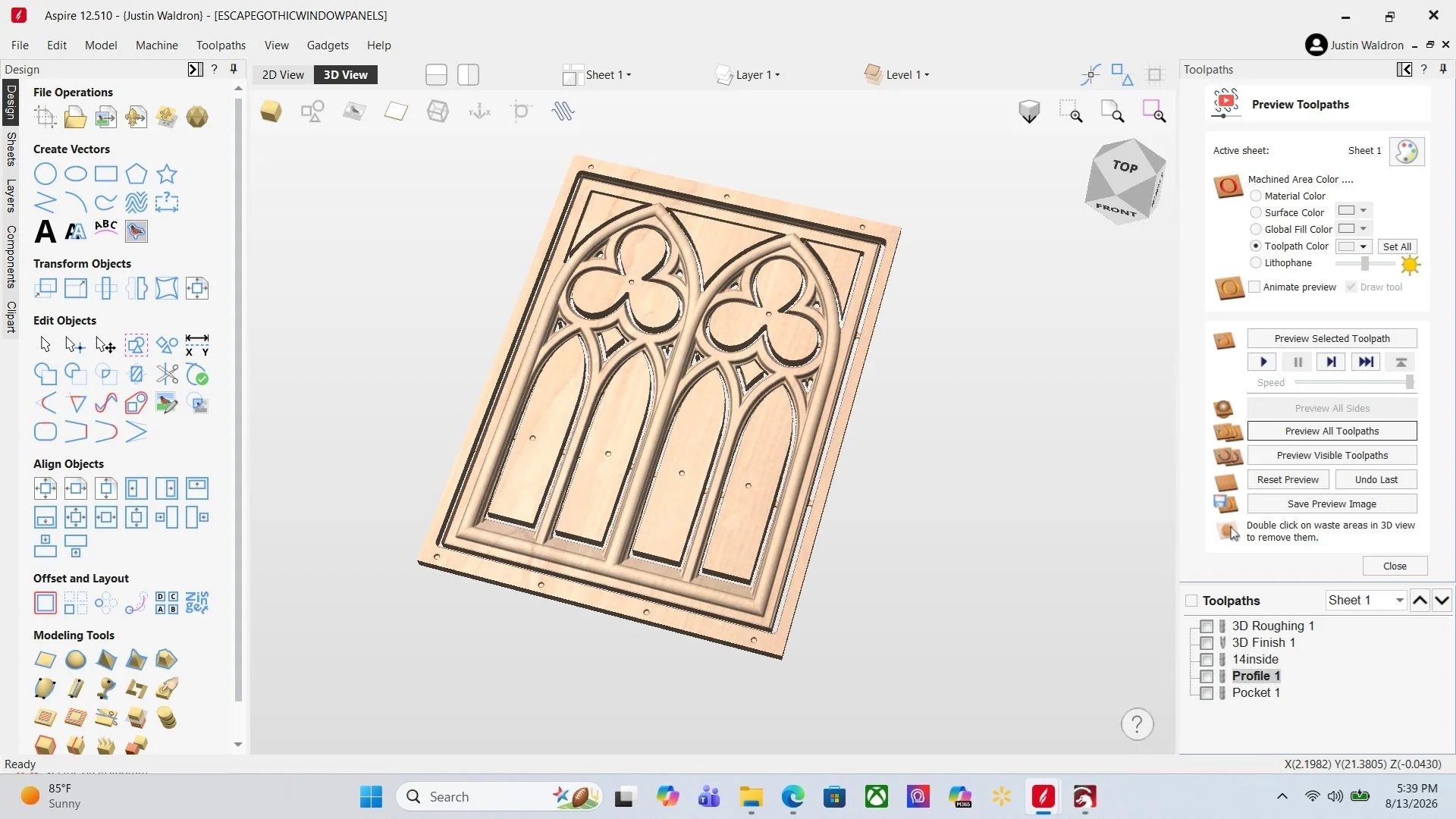 A 3D modeling software interface displaying a detailed wooden door design with gothic-style arches and clover-shaped cutouts, viewed in a 3D perspective.