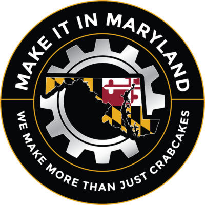 Circular logo with a gear and Maryland state map, text 'Make it in Maryland' at the top, and 'We make more than just crabcakes' at the bottom.