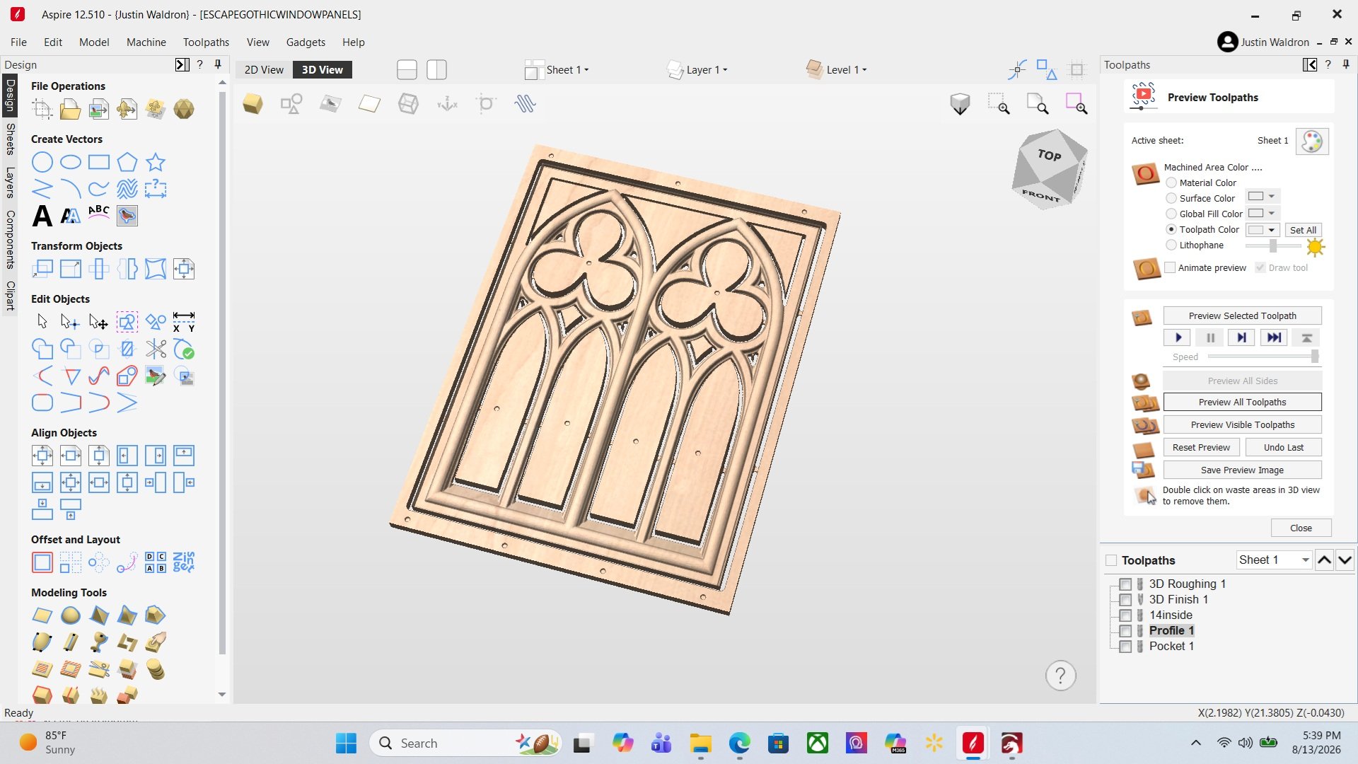 3D model of a wooden decorative door design with gothic arches and clover-shaped patterns.