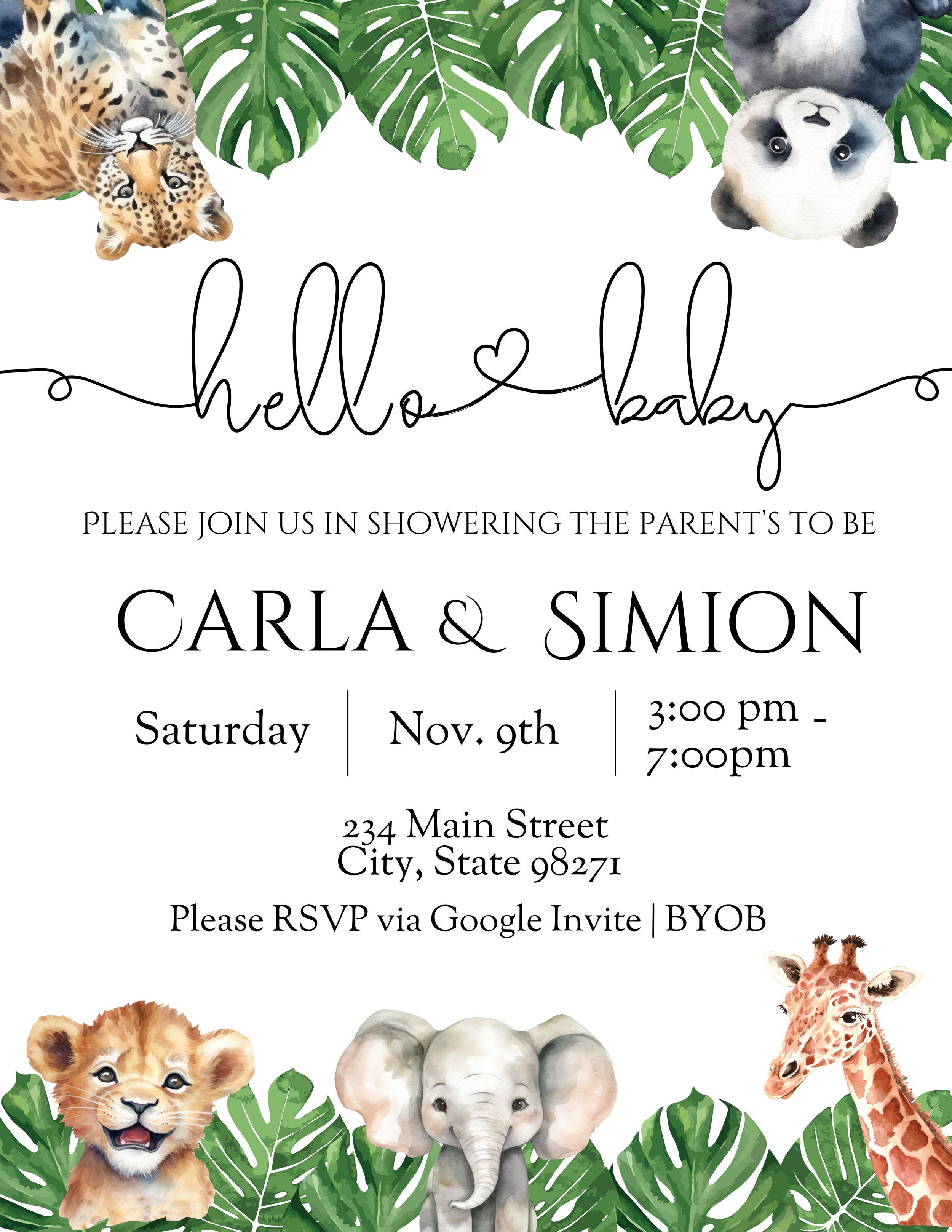 Baby shower invitation featuring jungle animals and large green leaves. Includes images of a leopard, panda, lion cub, elephant, and giraffe surrounding the text.