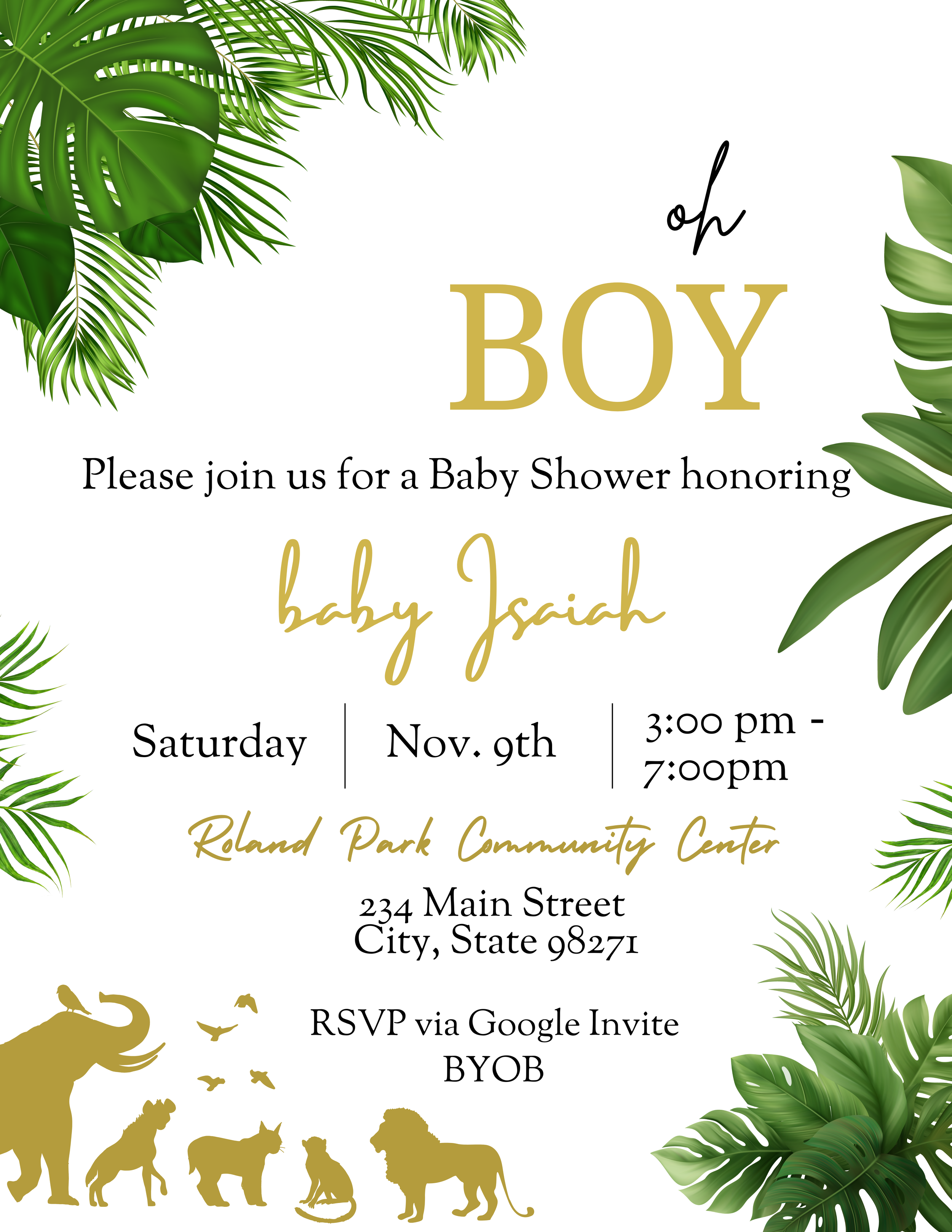 Invitation for a baby shower with tropical leaves border, gold and black text, and animal silhouettes at the bottom.