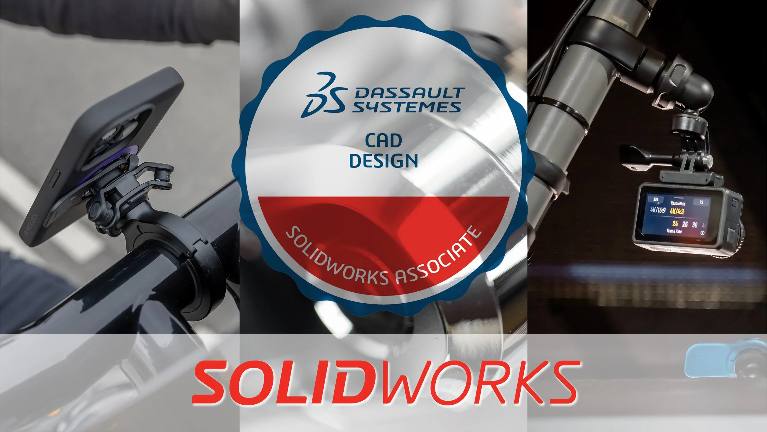 SolidWorks Fundamentals course image with the CSWA certification badge and phone and camera mount designs