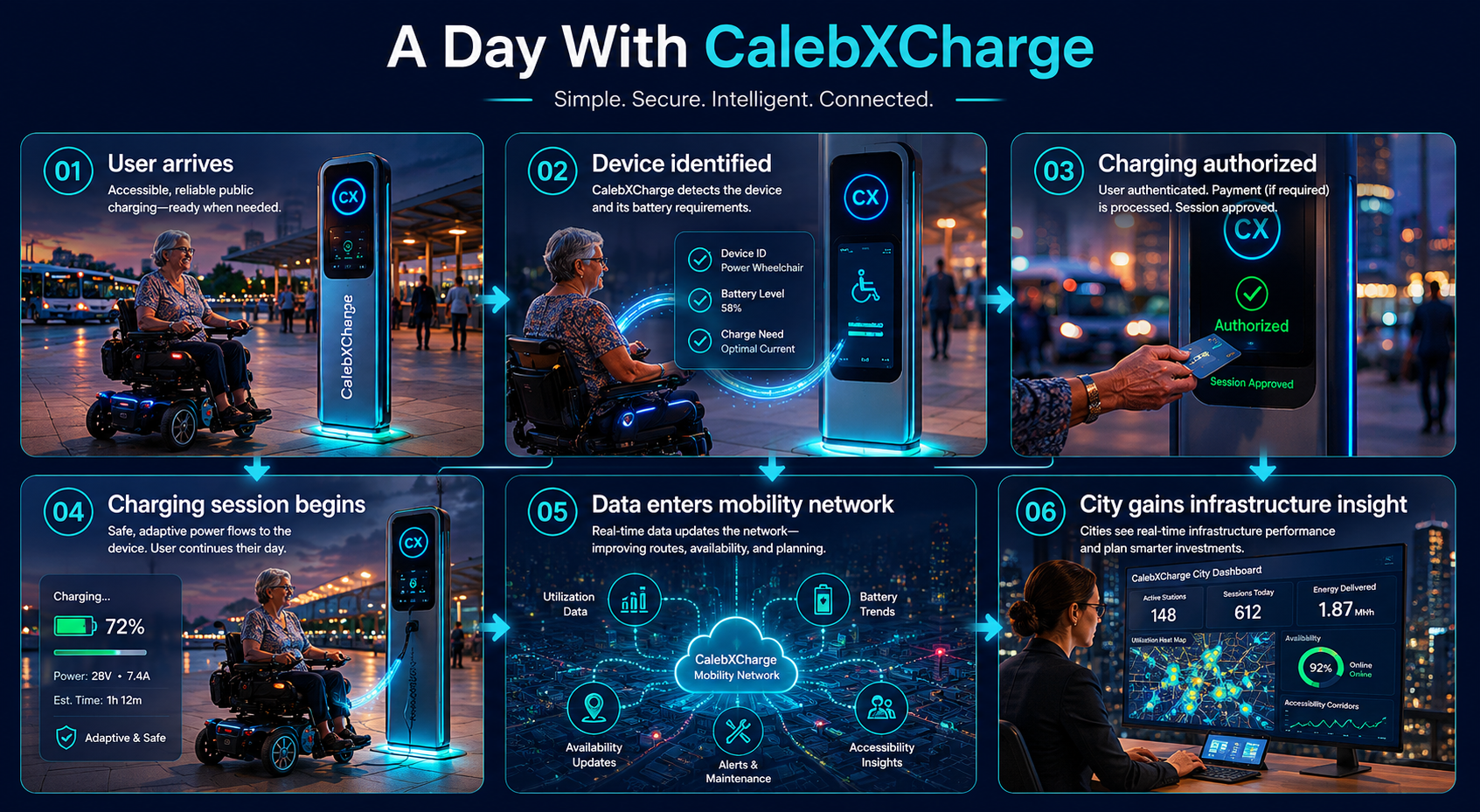 Step-by-step CalebXCharge workflow showing a powered mobility user arriving, device identification, charging authorization, safe charging, network data updates, and city infrastructure insights.