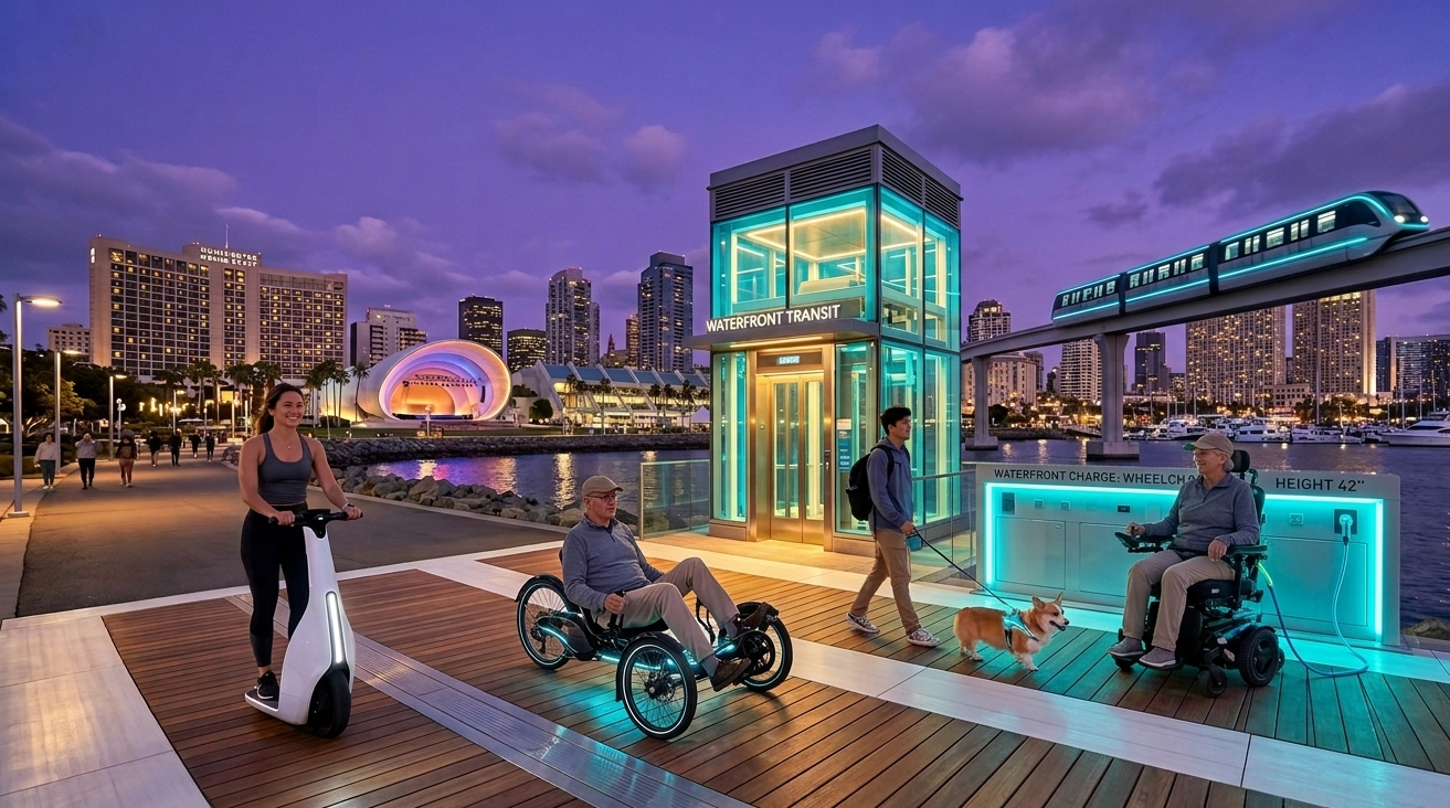 Concept rendering of an accessible waterfront mobility hub featuring public charging infrastructure, transit connections, powered mobility users, cyclists, and pedestrians sharing a connected urban transportation space.