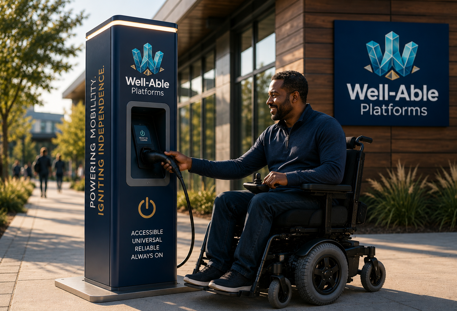 A smiling man in a motorized wheelchair interacts with a modern blue charging station. The scene is set outdoors along a paved sidewalk next to a building.