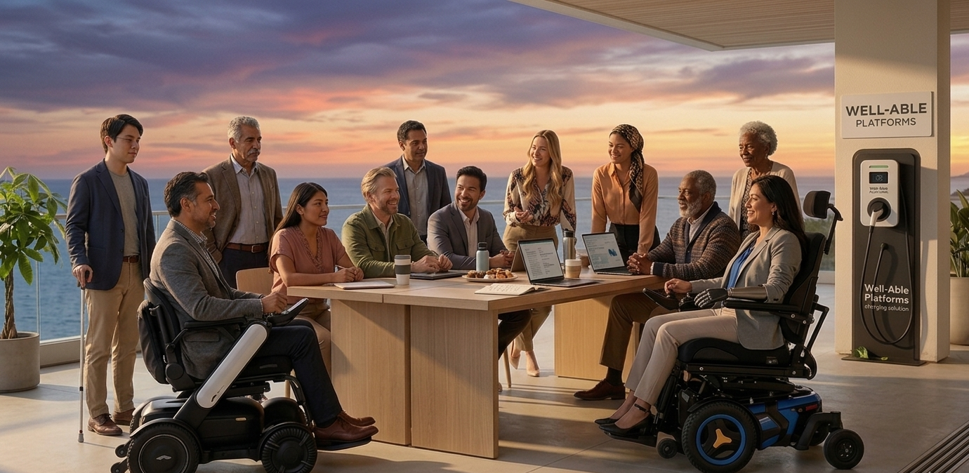 A diverse group of professionals and mobility-device users gather around a conference table overlooking the ocean at sunset.