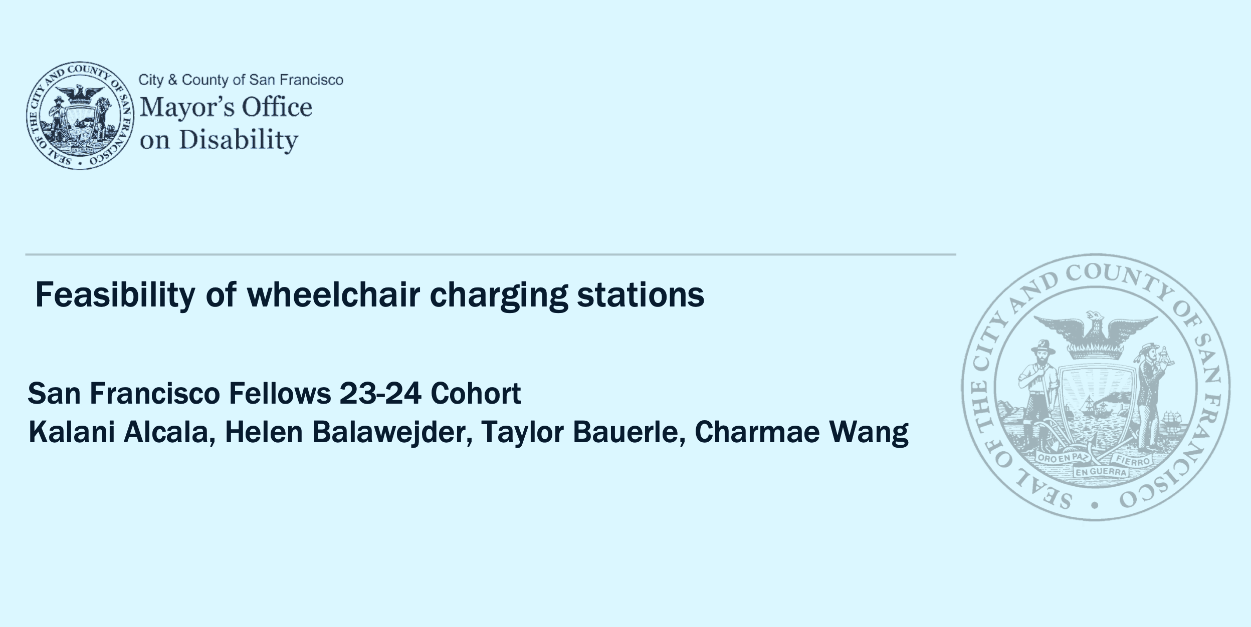 Title page of a municipal research report on wheelchair charging station feasibility, published through the San Francisco Mayor’s Office on Disability.