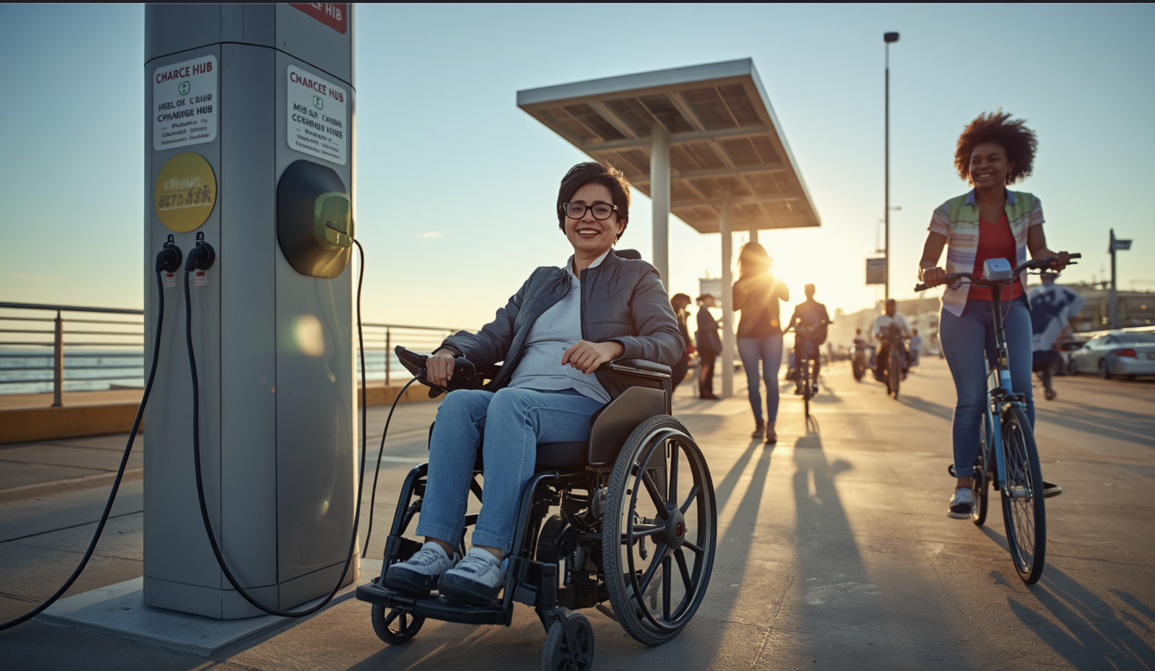 A wheelchair user charges their mobility device at a public charging station along a busy waterfront promenade, while cyclists and pedestrians share the pathway at sunset.