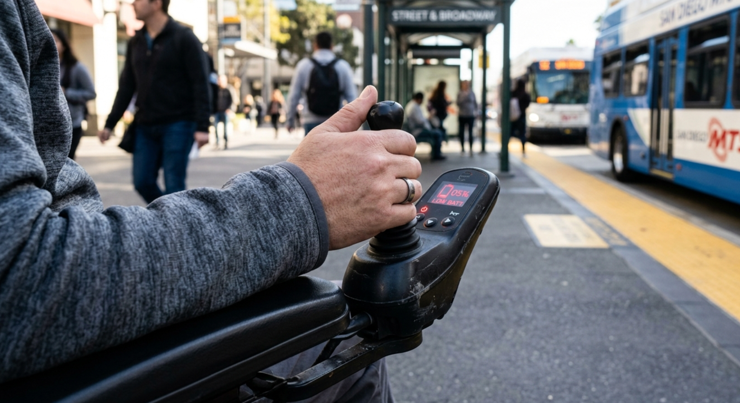 Close-up of a powered wheelchair user’s hand on a joystick controller while waiting at a busy urban transit stop, with buses, pedestrians, and public transportation infrastructure visible in the background.