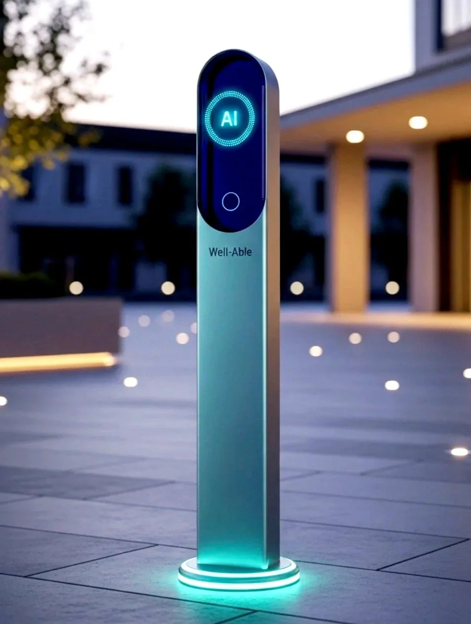 Slim Well-Able smart charging station with an illuminated AI interface, designed for powered mobility infrastructure in public spaces.