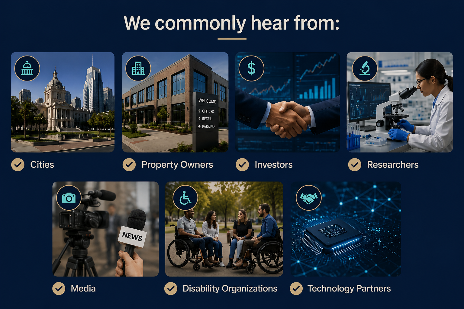 The image presents seven main groups of stakeholders or clients. It uses a structured grid with circular icons, photographic previews, and check-marked labels to outline who the organization commonly interacts with.