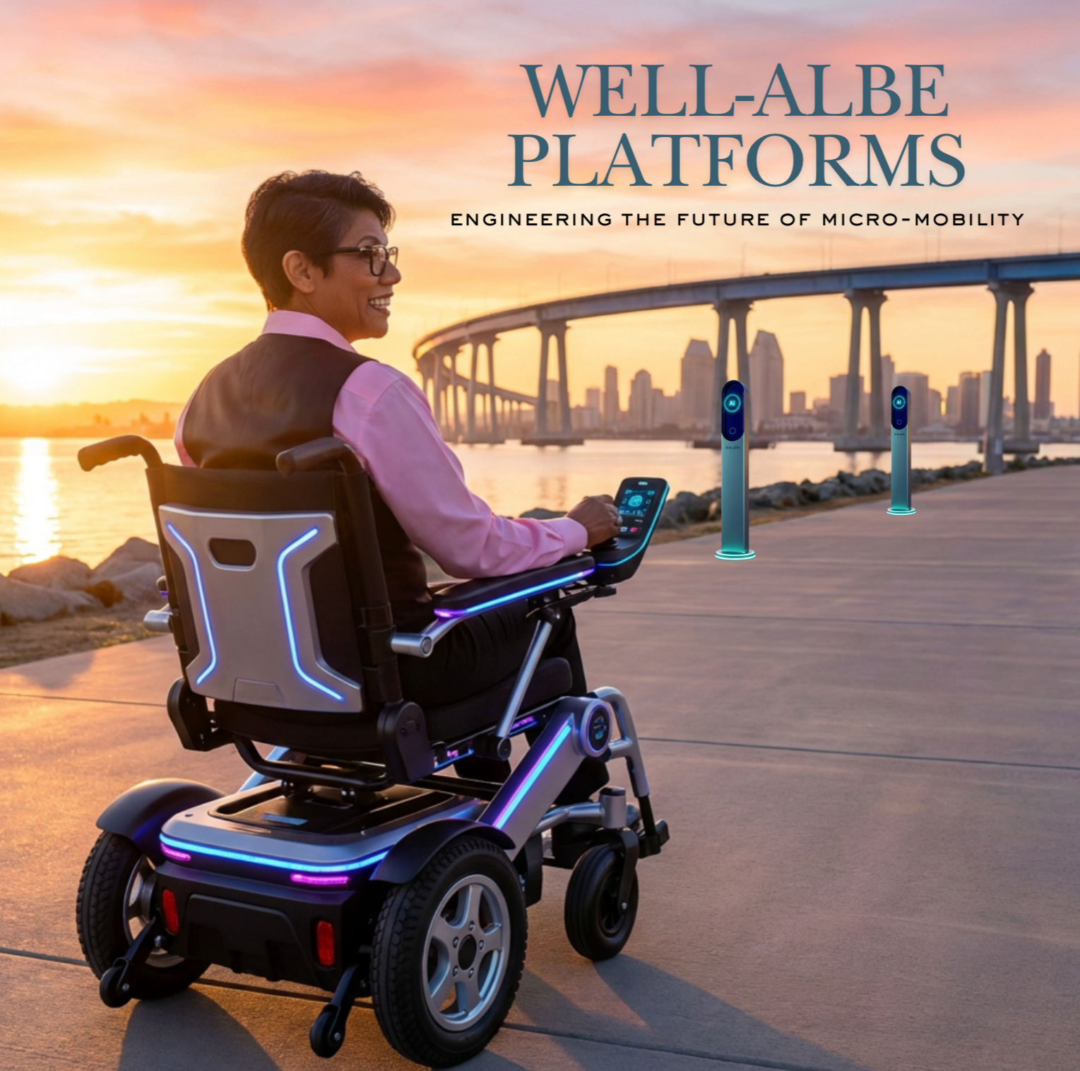 Powered wheelchair user near Well-Able charging stations along a waterfront mobility corridor.