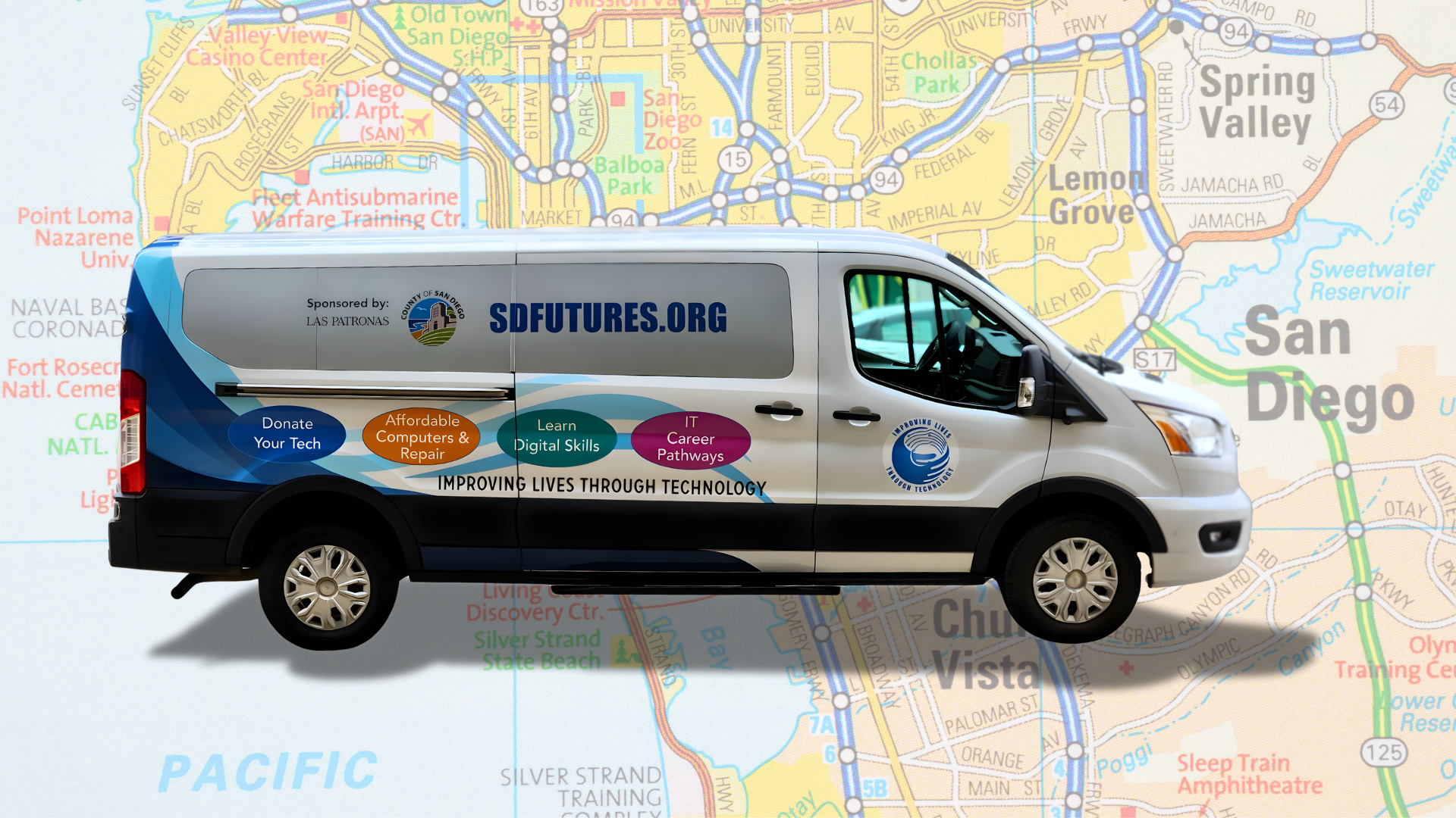 San Diego Futures Foundation mobile technology van shown over a San Diego map, highlighting community digital access and technology training programs.