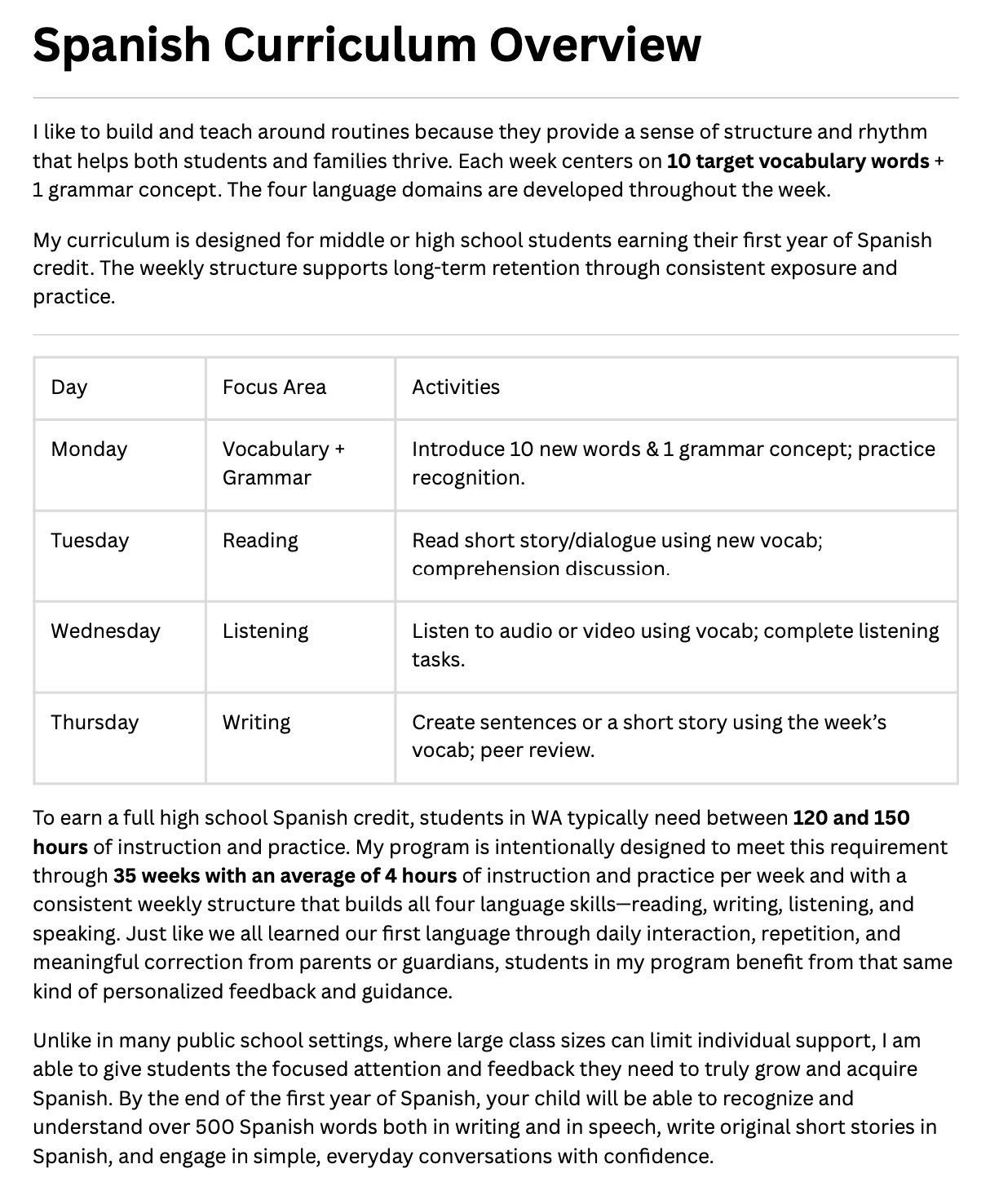 Spreadsheet outlining a Spanish curriculum overview with days, focus areas, and activities for each day.