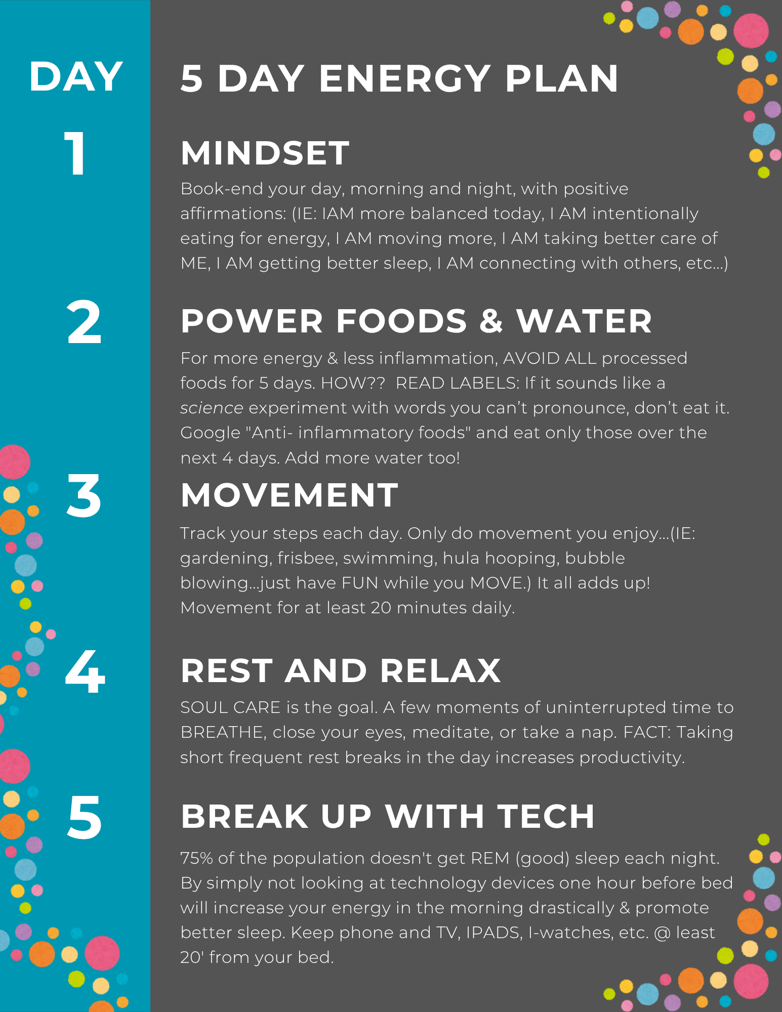 A colorful infographic titled '5 Day Energy Plan' with five sections: Day 1 - Mindset, Day 2 - Power Foods & Water, Day 3 - Movement, Day 4 - Rest and Relax, Day 5 - Break Up with Tech. Each section provides tips for maintaining energy, health, and well-being.