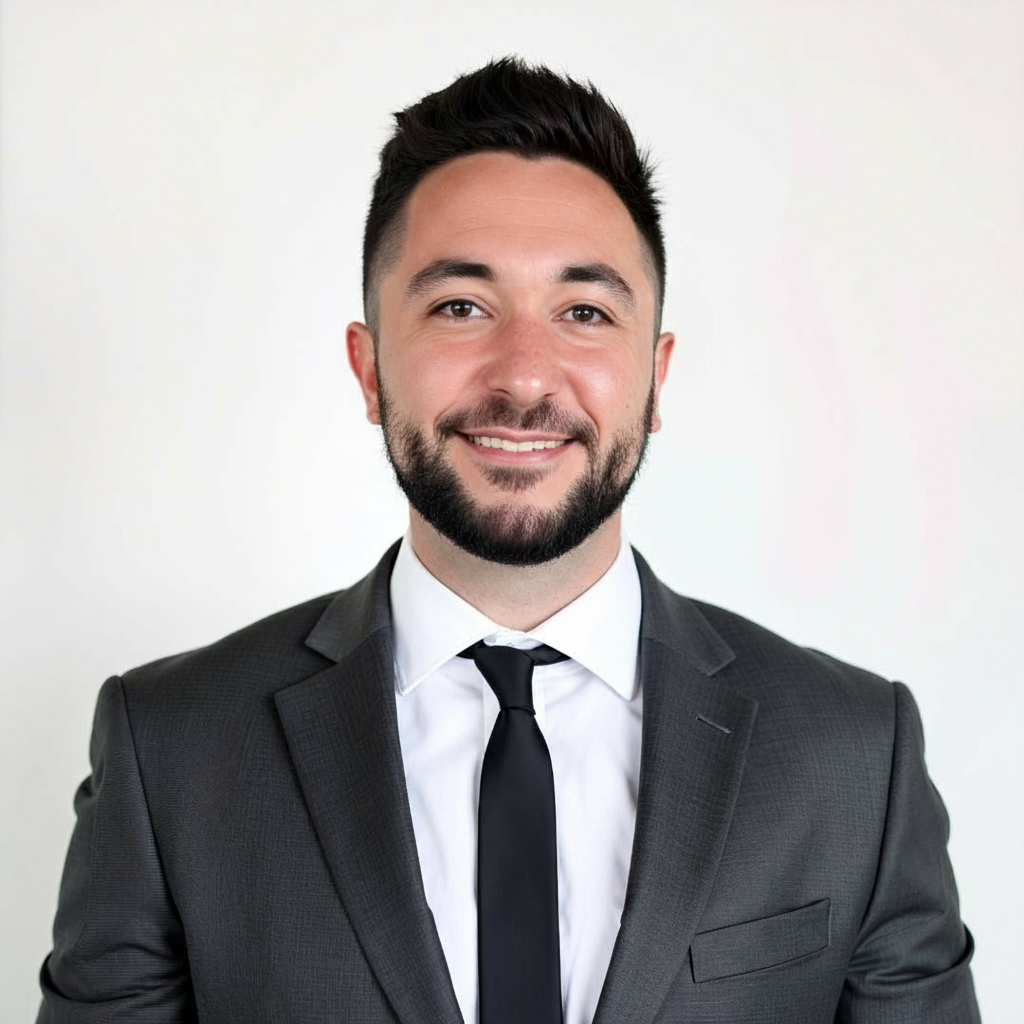 A smiling man dressed in a dark suit, white shirt, and black tie, with short dark hair and a beard, posing against a plain white background.